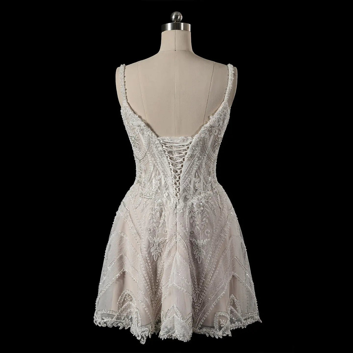 Luxury Ivory Beaded Lace Short Wedding Dress with Lace-Up Corset Back ZP059 - View 9 | VelvetHem