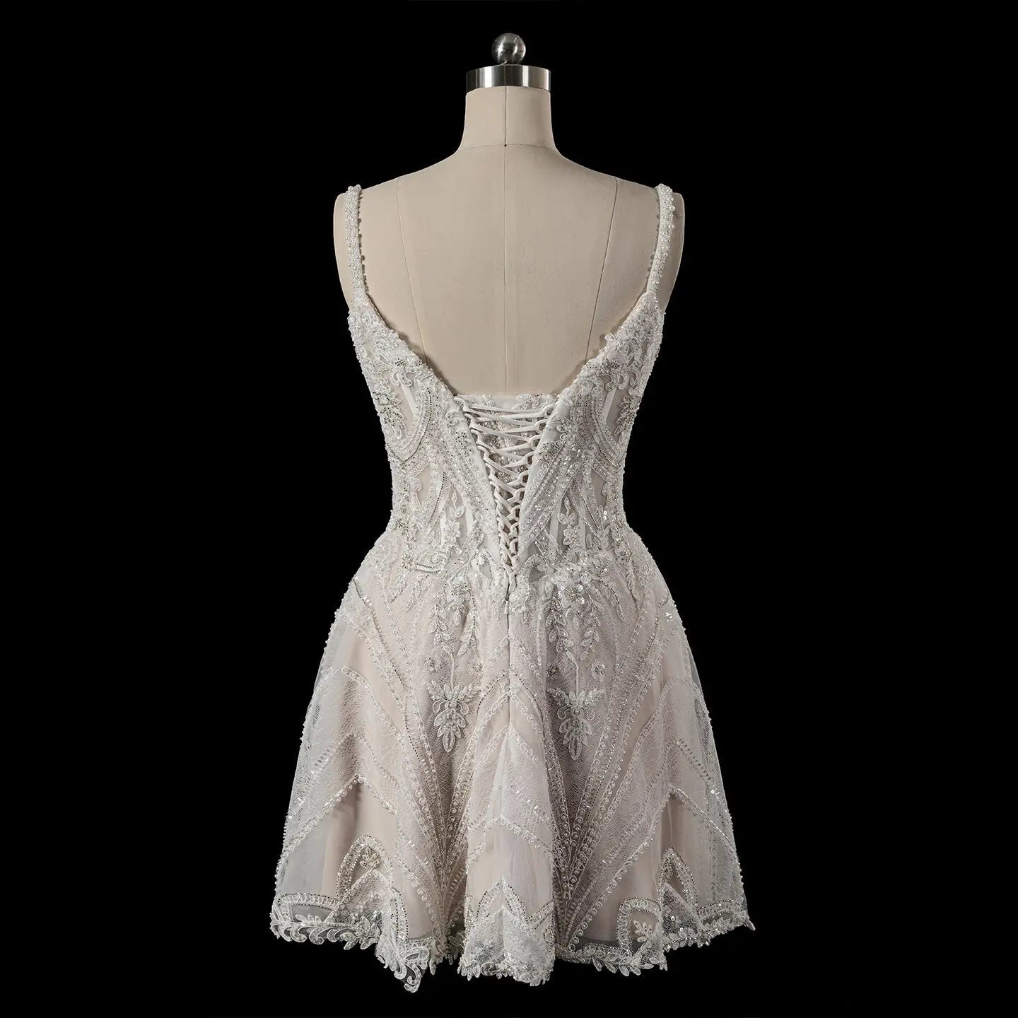 Luxury Ivory Beaded Lace Short Wedding Dress with Lace-Up Corset Back ZP059