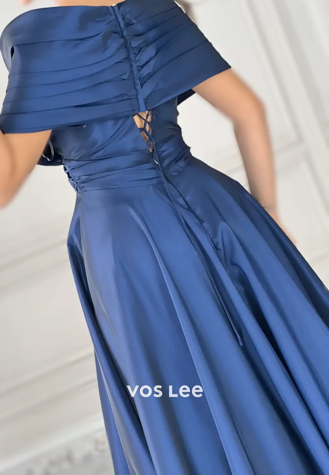 A-line Off the Shoulder Satin Tie Back Lace up Formal Evening Dresses