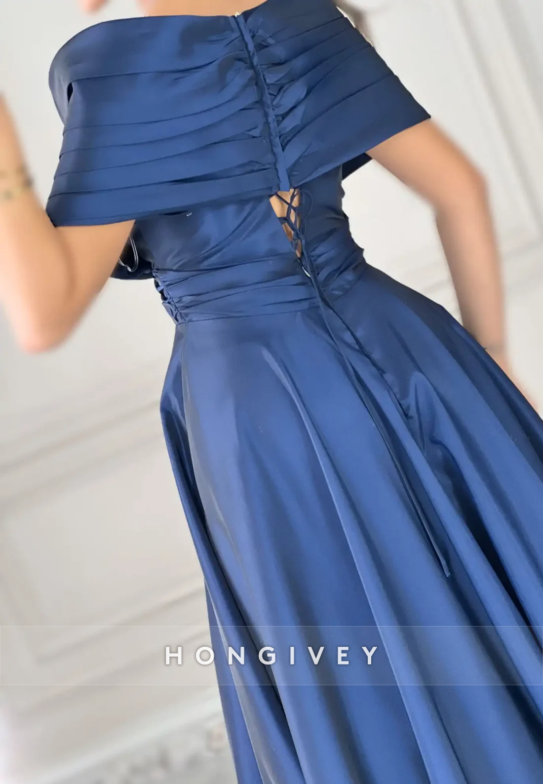A-line Off the Shoulder Satin Tie Back Lace up Formal Evening Dresses