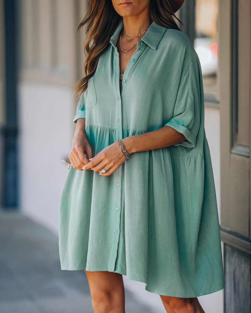 Hails Linen Blend Button Down Shirt Dress Sage
