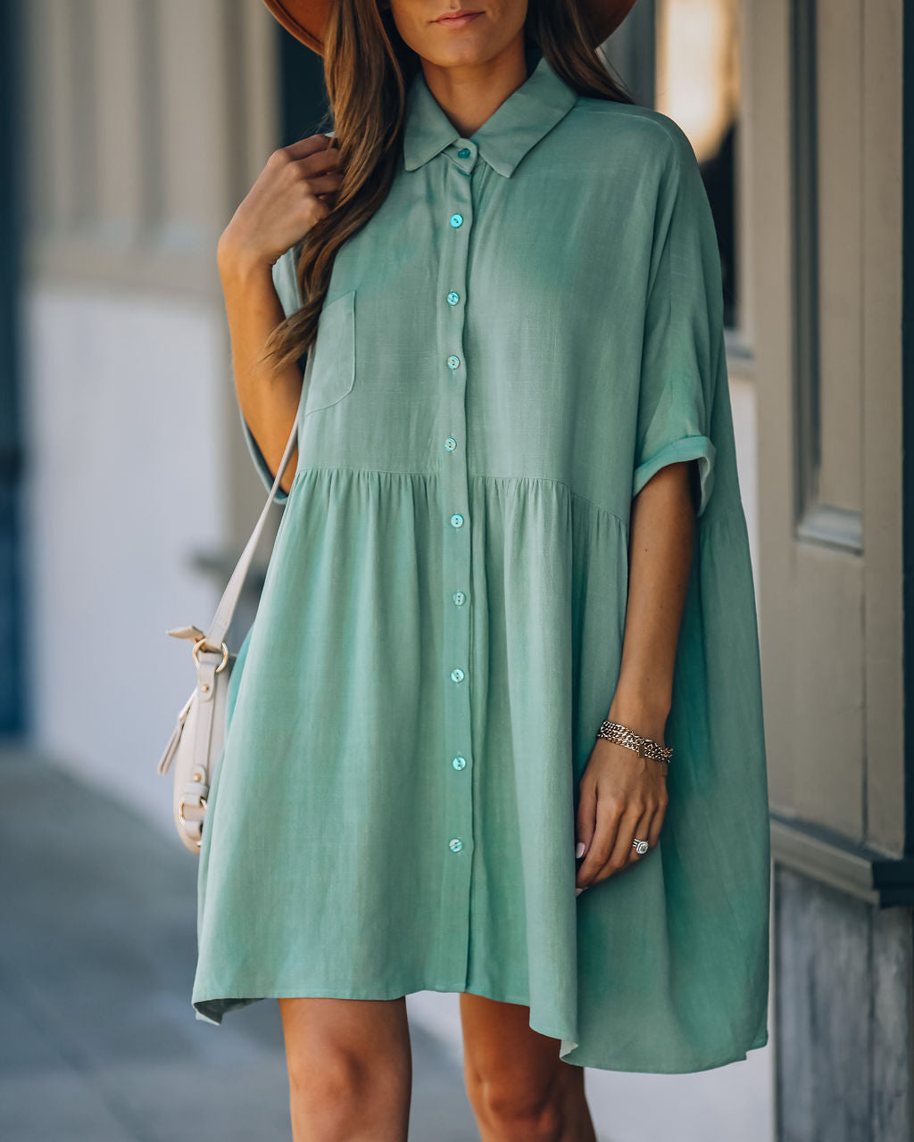 Hails Linen Blend Button Down Shirt Dress Sage