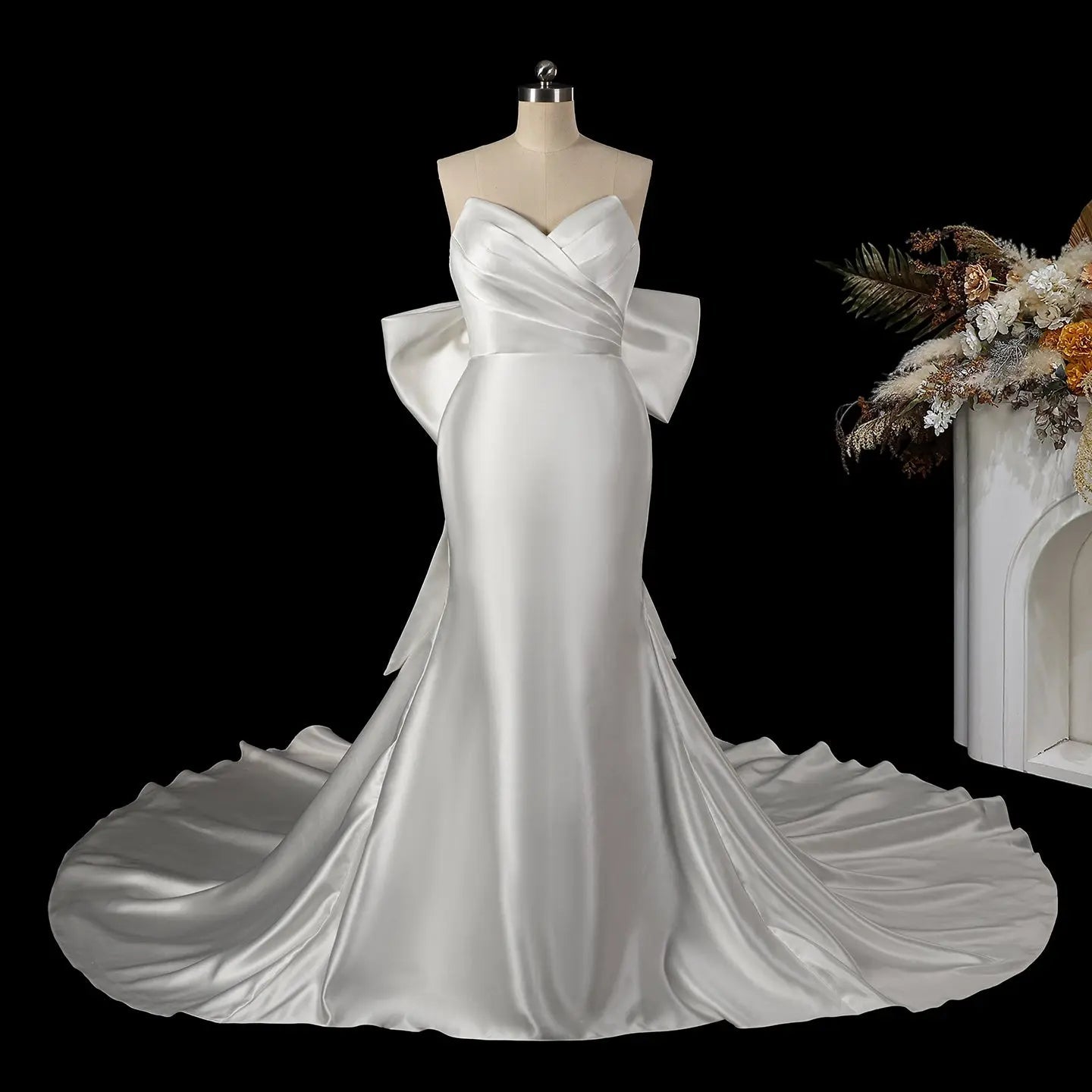 Glamorous Lvory Satin Wedding Dress with Buttons & Train ZP053