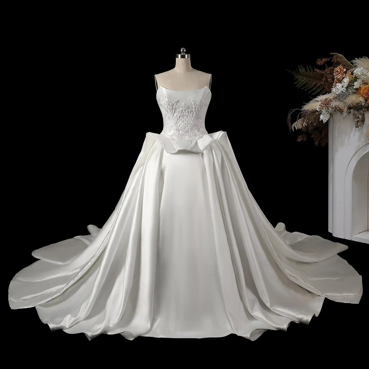 Luxury White Satin Strapless Beaded Ball Gown Train Wedding Dress ZP152