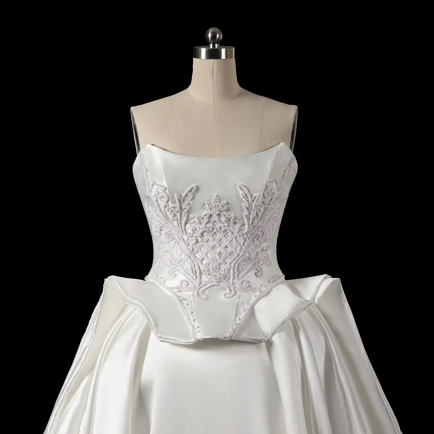 Luxury White Satin Strapless Beaded Ball Gown Train Wedding Dress ZP152