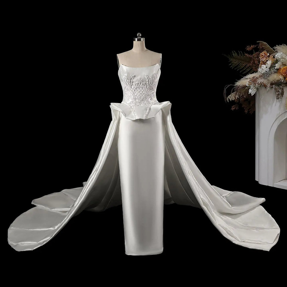 Luxury White Satin Strapless Beaded Ball Gown Train Wedding Dress ZP152 - View 12 | VelvetHem