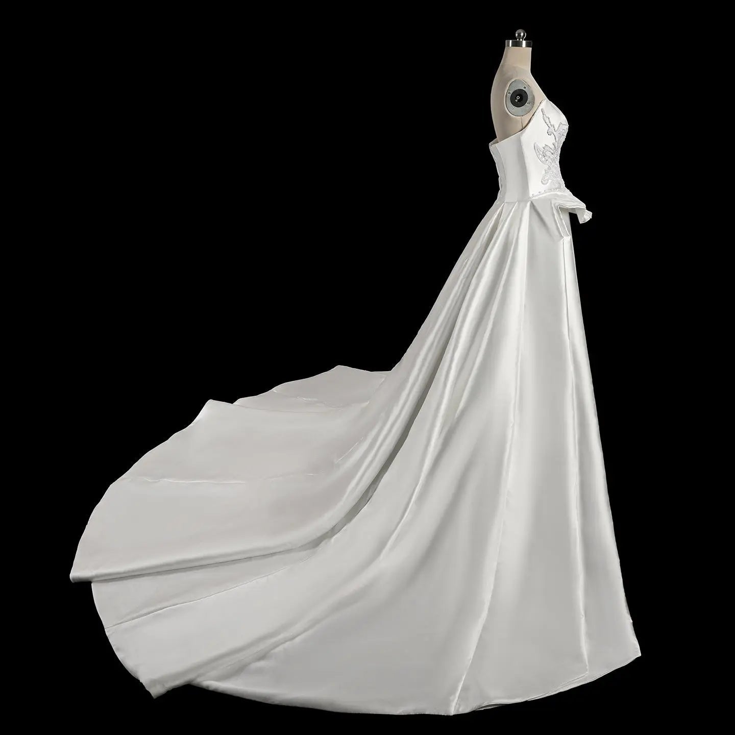 Luxury White Satin Strapless Beaded Ball Gown Train Wedding Dress ZP152