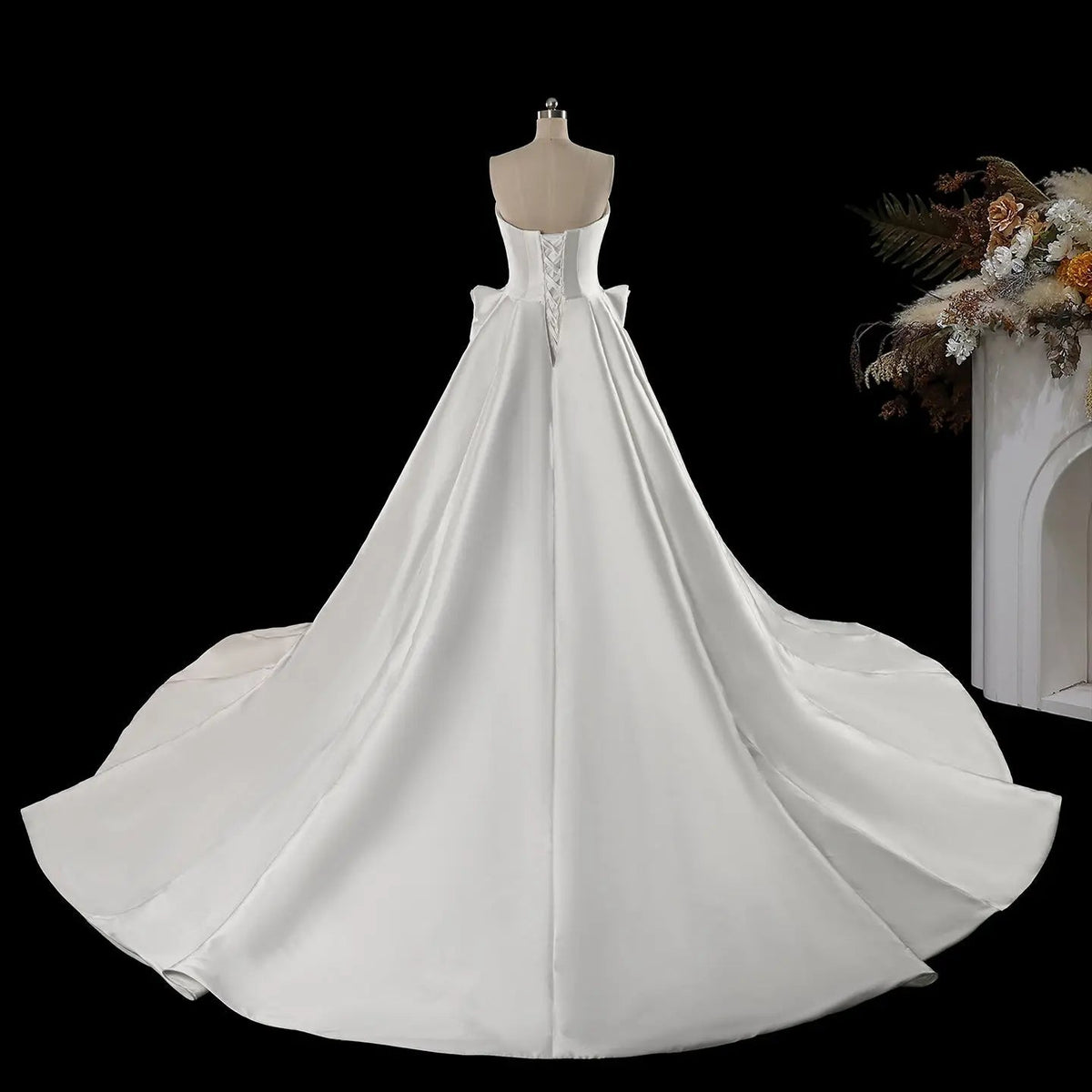 Luxury White Satin Strapless Beaded Ball Gown Train Wedding Dress ZP152