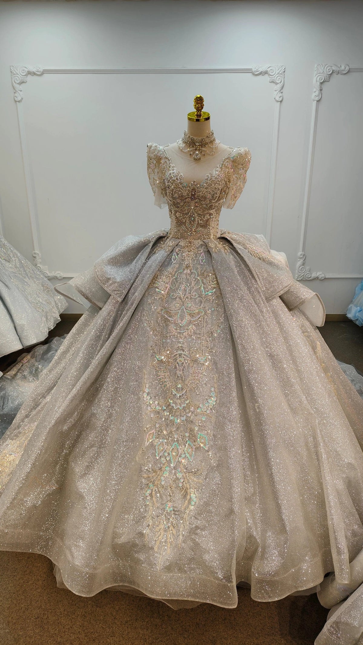 Silver Glitz Cap-Sleeve Ballgown Iridescent Beaded Bust & Sculptural Tiered Skirt (ZD16788)