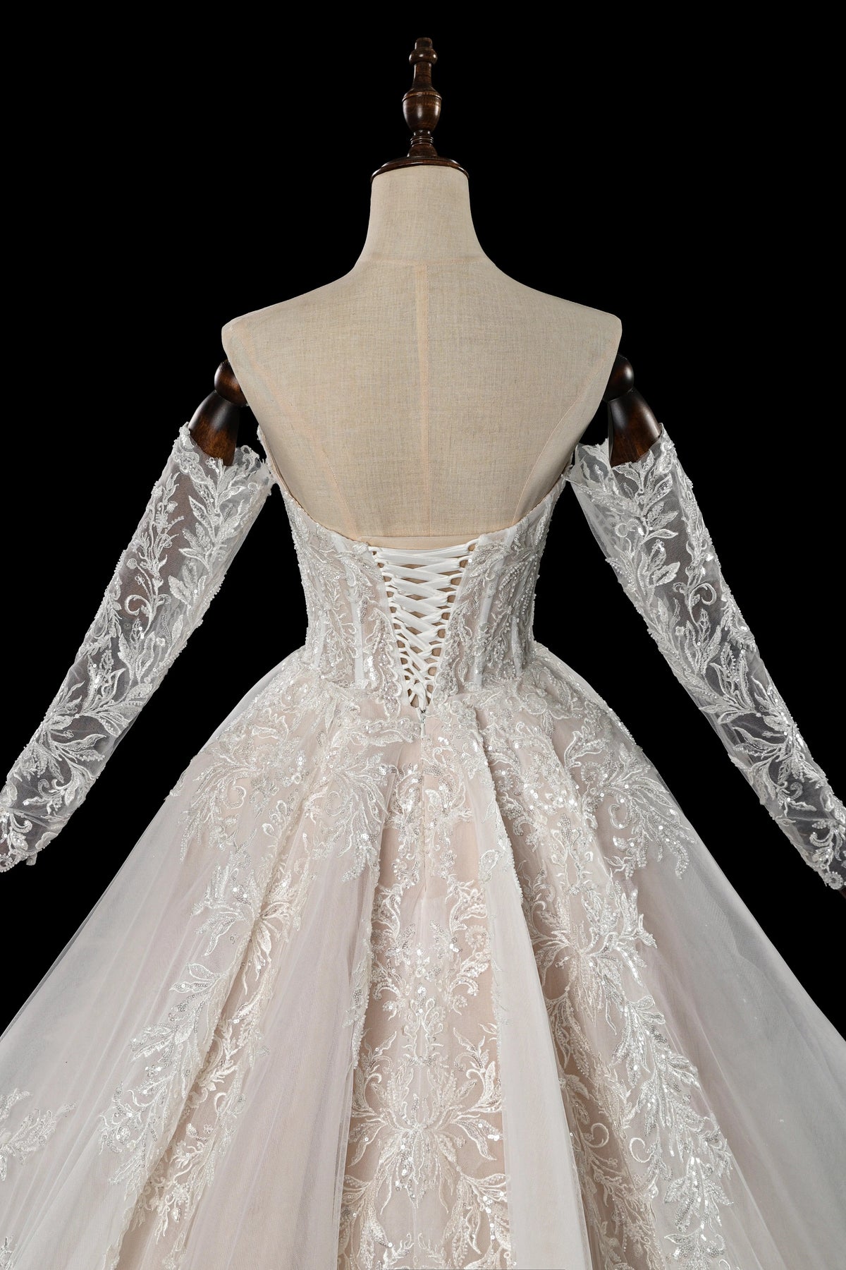 Elegant Ivory Strapless Corset Lace Tulle Bridal Gown Wedding Dress with Long Detachable Sleeves ZP067