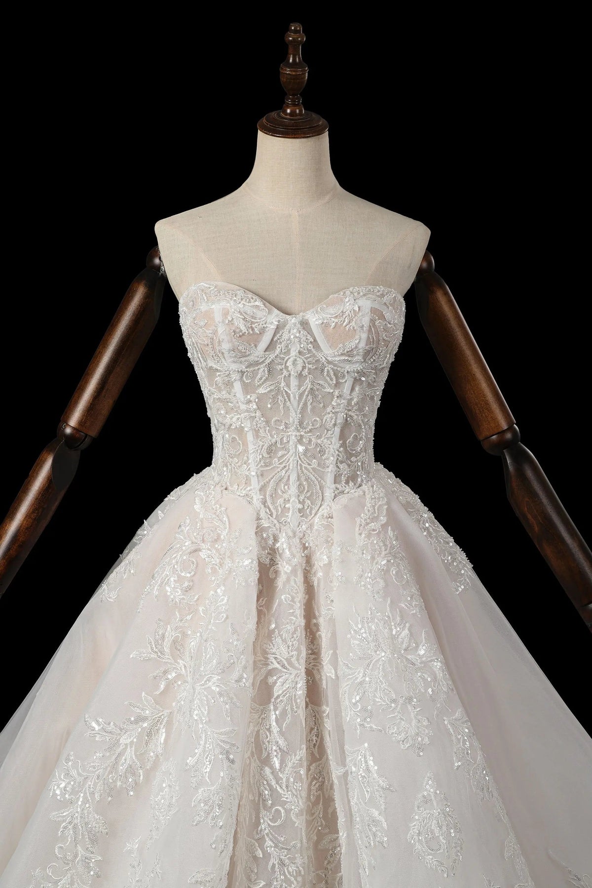 Elegant Ivory Strapless Corset Lace Tulle Bridal Gown Wedding Dress with Long Detachable Sleeves ZP067