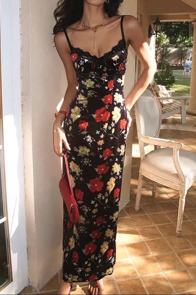 Elegant Vintage Floral Maxi Gown – Spaghetti Strap Vacation Dress