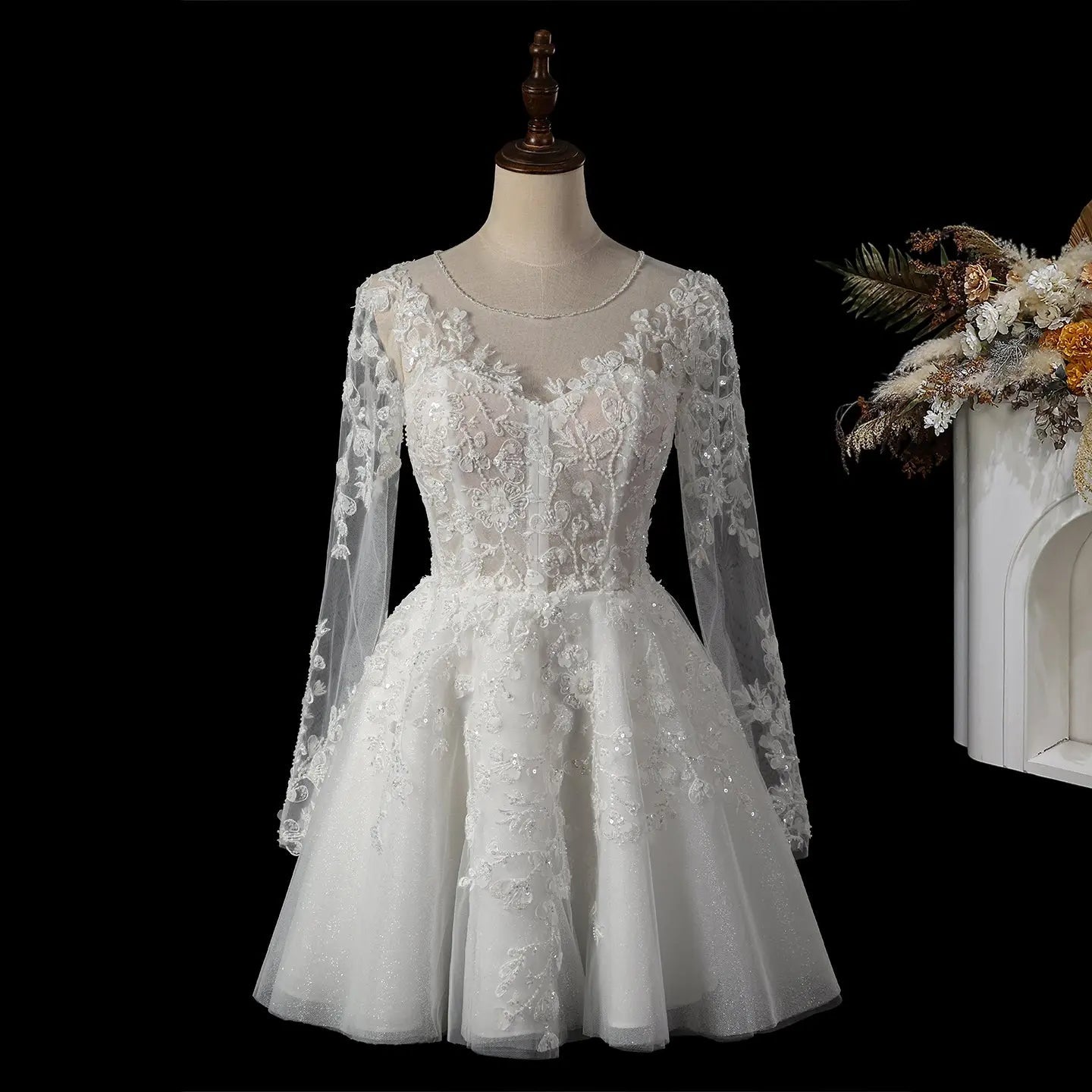 Elegant Off White Long Sleeve Lace Short Wedding Dress ZP050