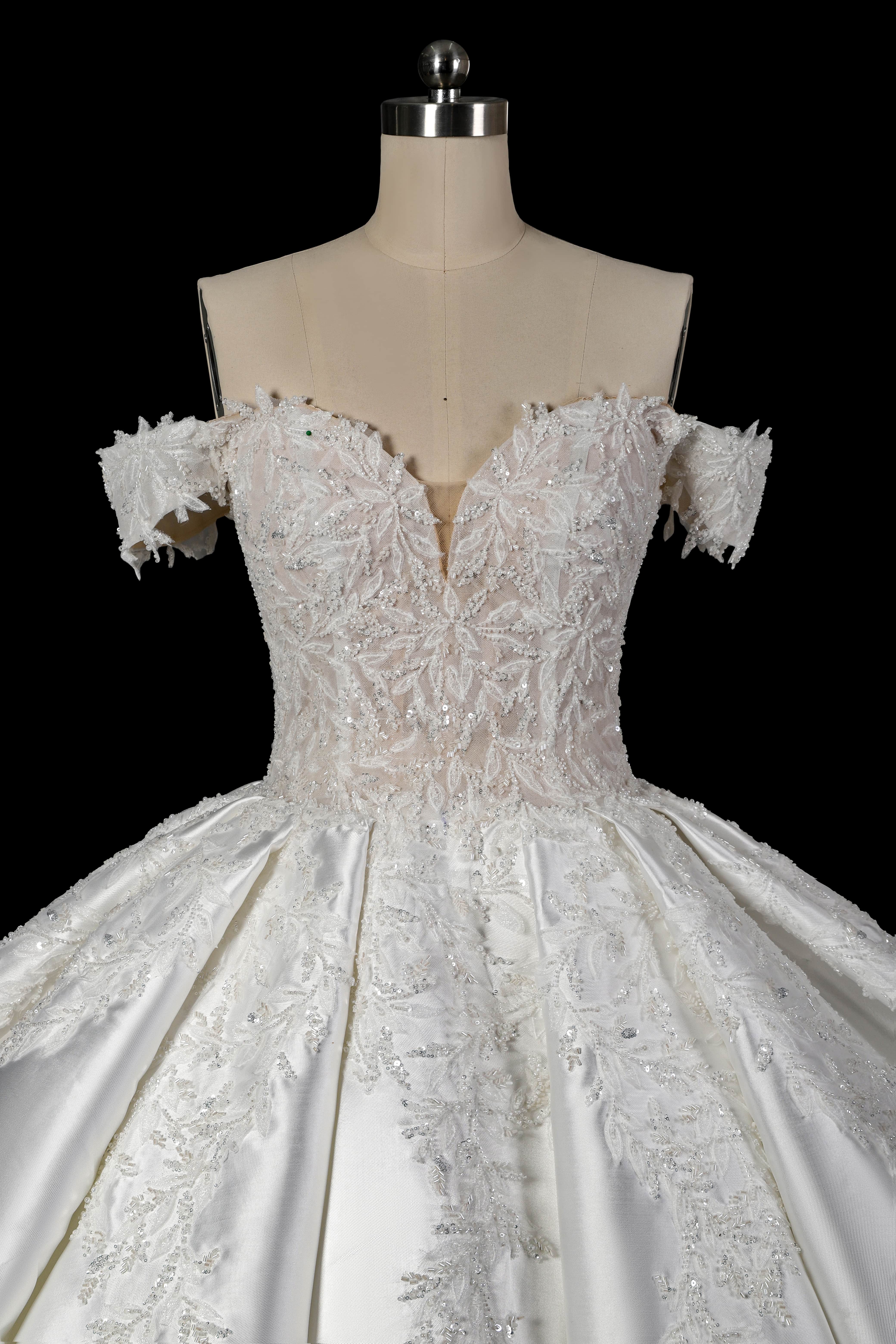 Luxury White Off-the-Shoulder Lace Satin Ball Gown Wedding Dress ZP069