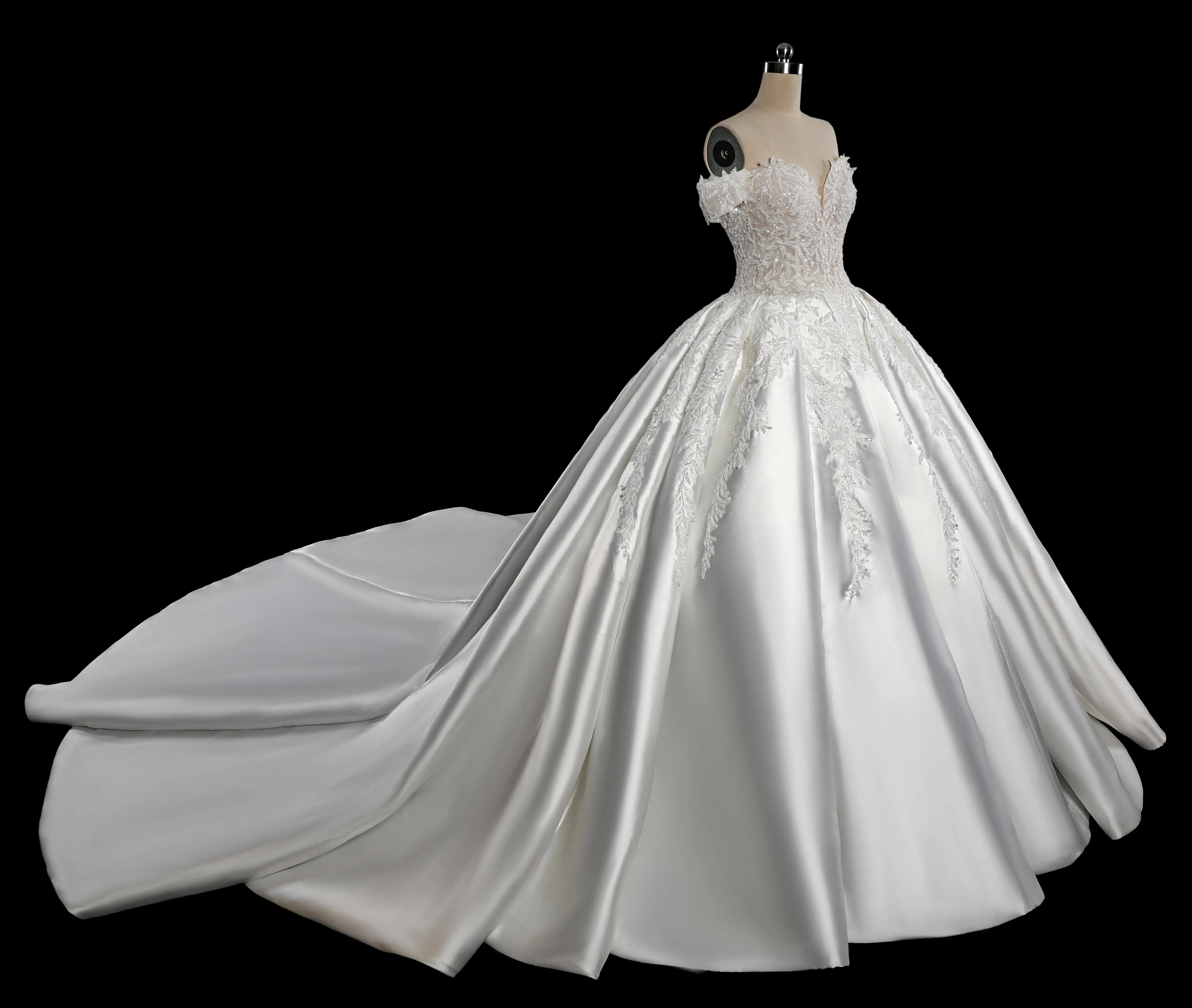Luxury White Off-the-Shoulder Lace Satin Ball Gown Wedding Dress ZP069