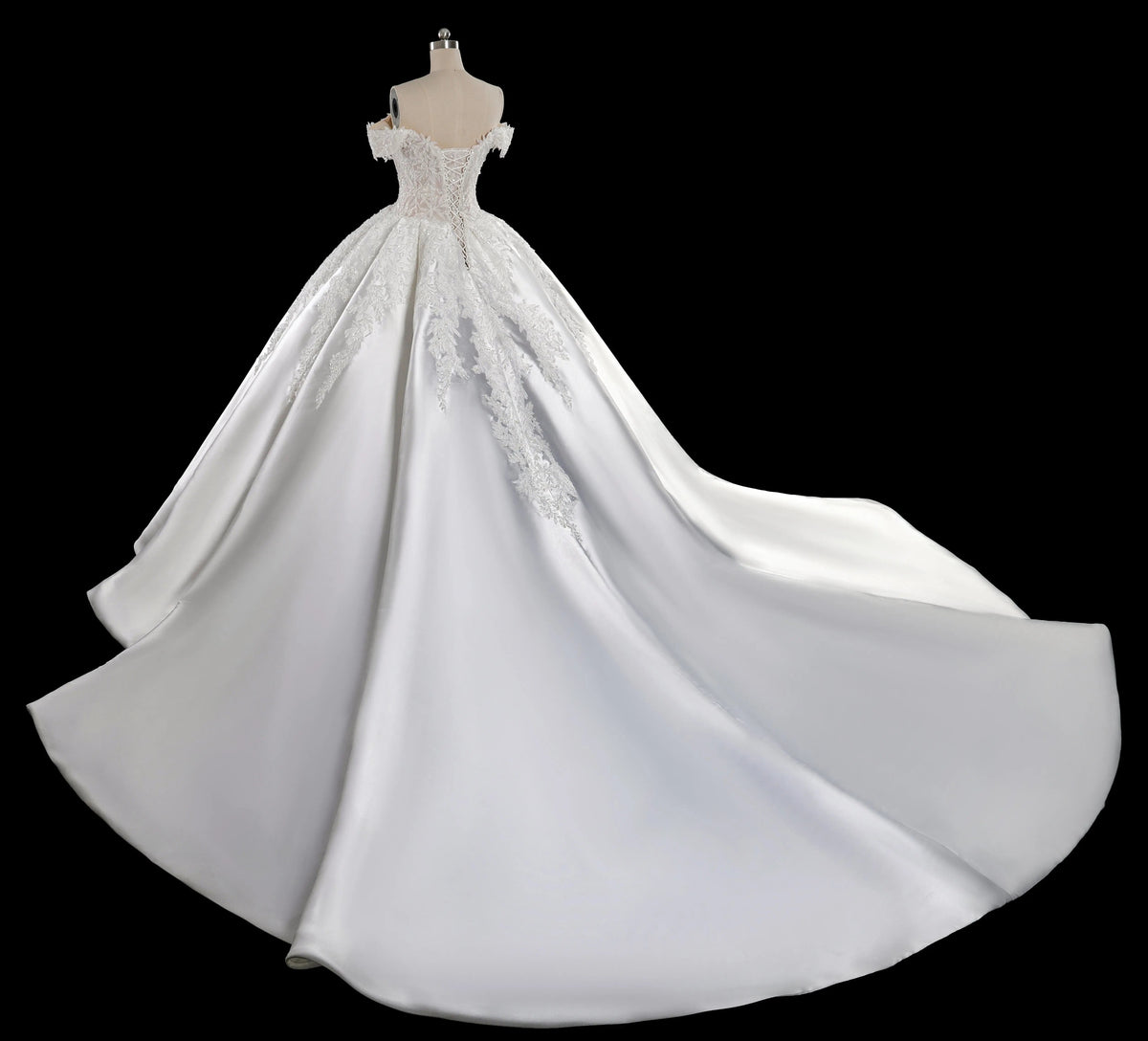 Luxury White Off-the-Shoulder Lace Satin Ball Gown Wedding Dress ZP069 - View 9 | VelvetHem