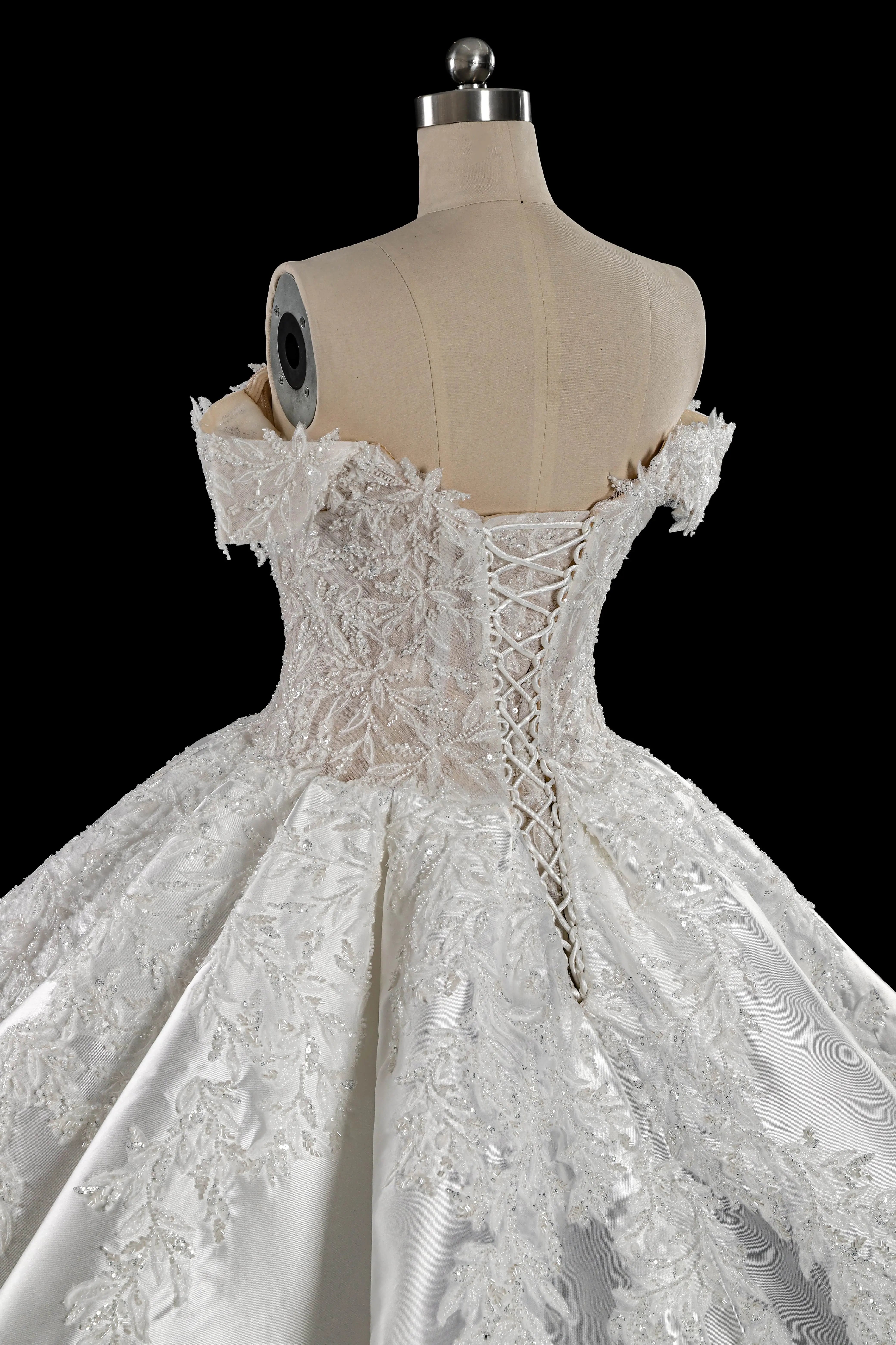 Luxury White Off-the-Shoulder Lace Satin Ball Gown Wedding Dress ZP069
