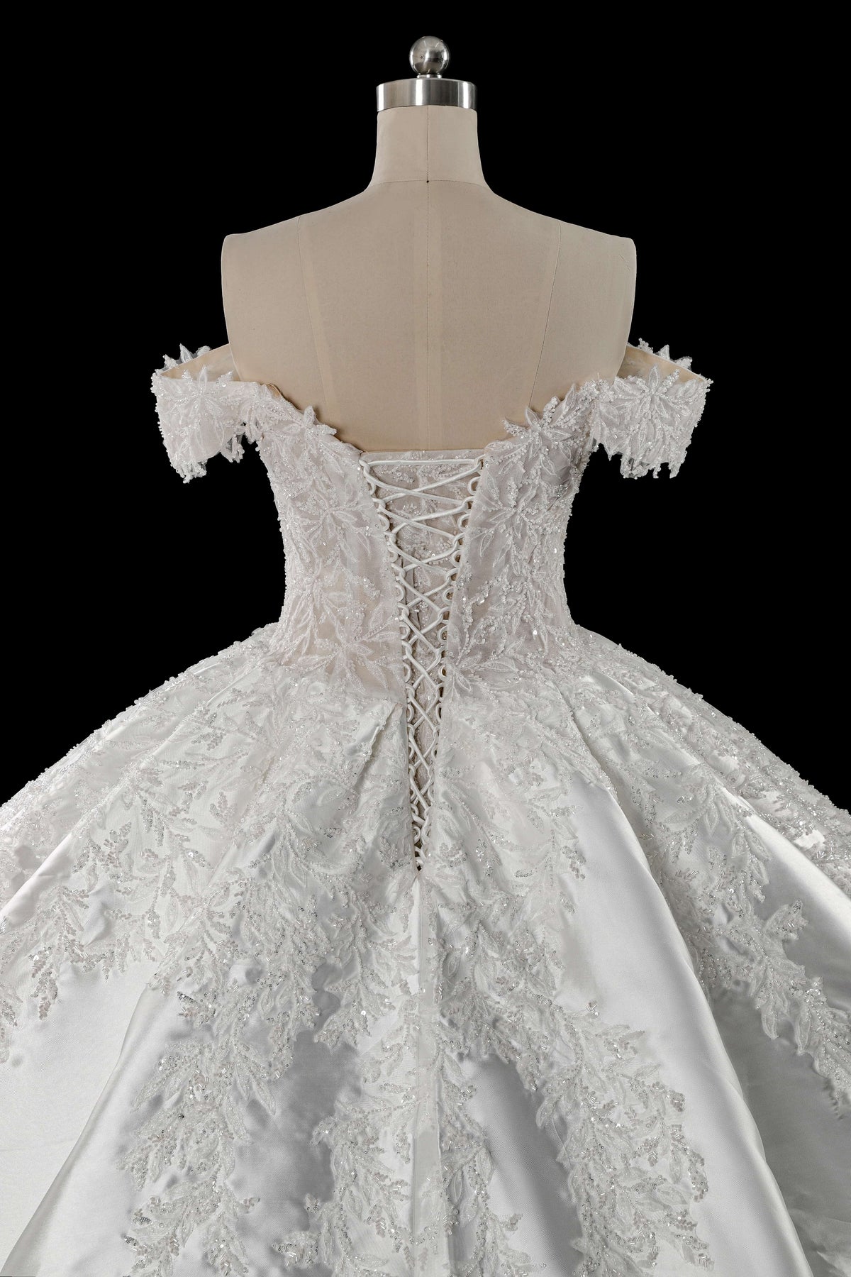 Luxury White Off-the-Shoulder Lace Satin Ball Gown Wedding Dress ZP069