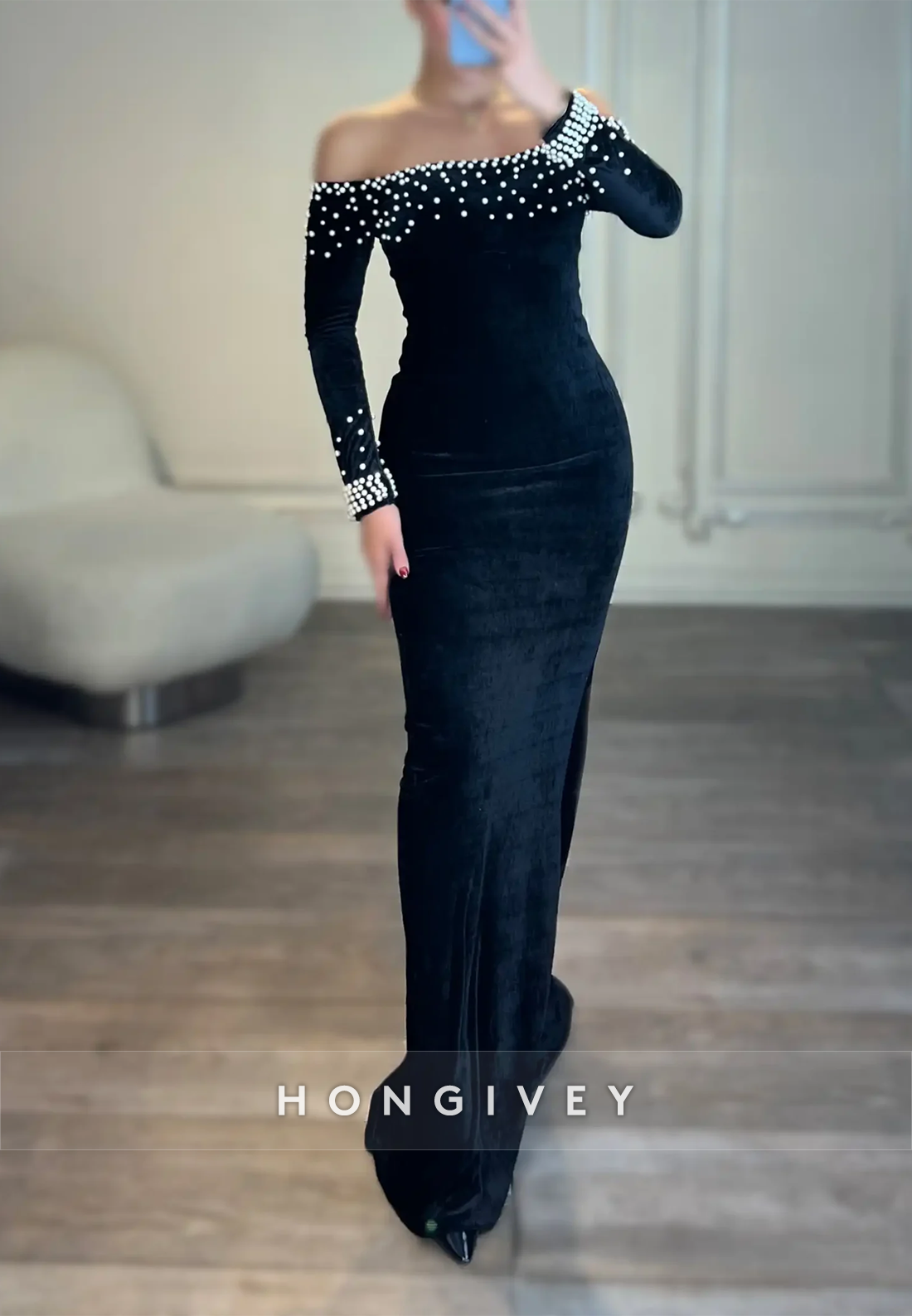 Appliqued Sweep Train Off the Shoulder Satin Long Sleeve Evening Gown