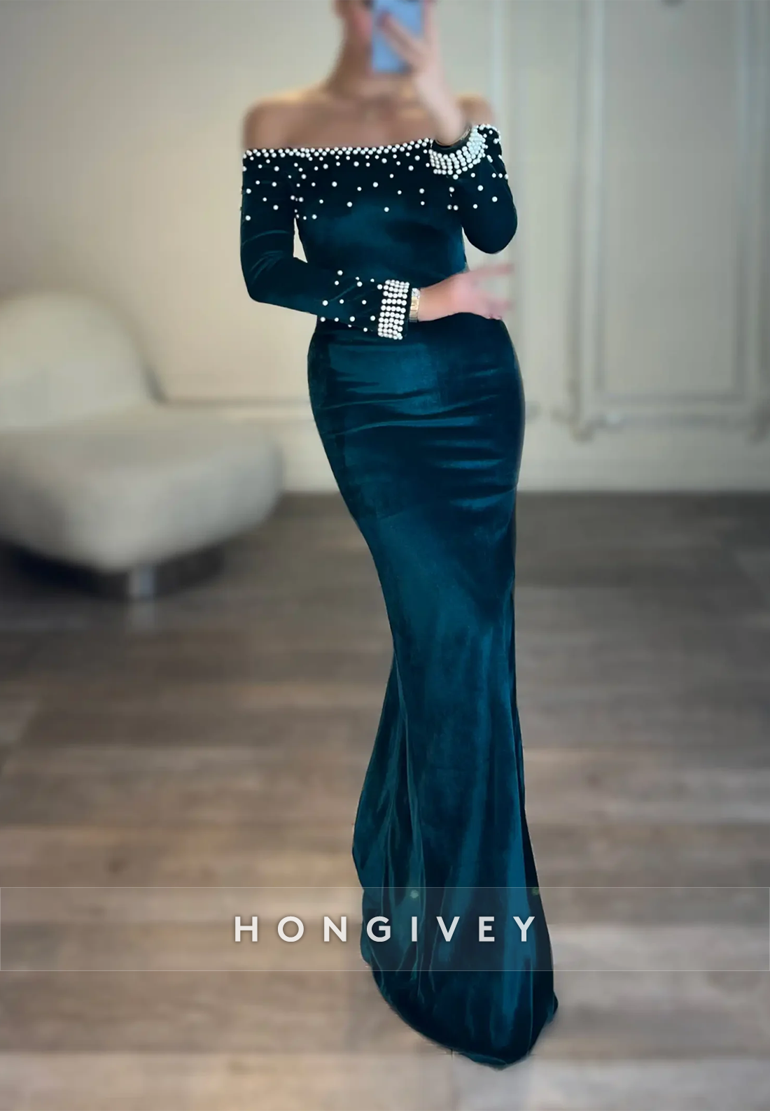 Appliqued Sweep Train Off the Shoulder Satin Long Sleeve Evening Gown