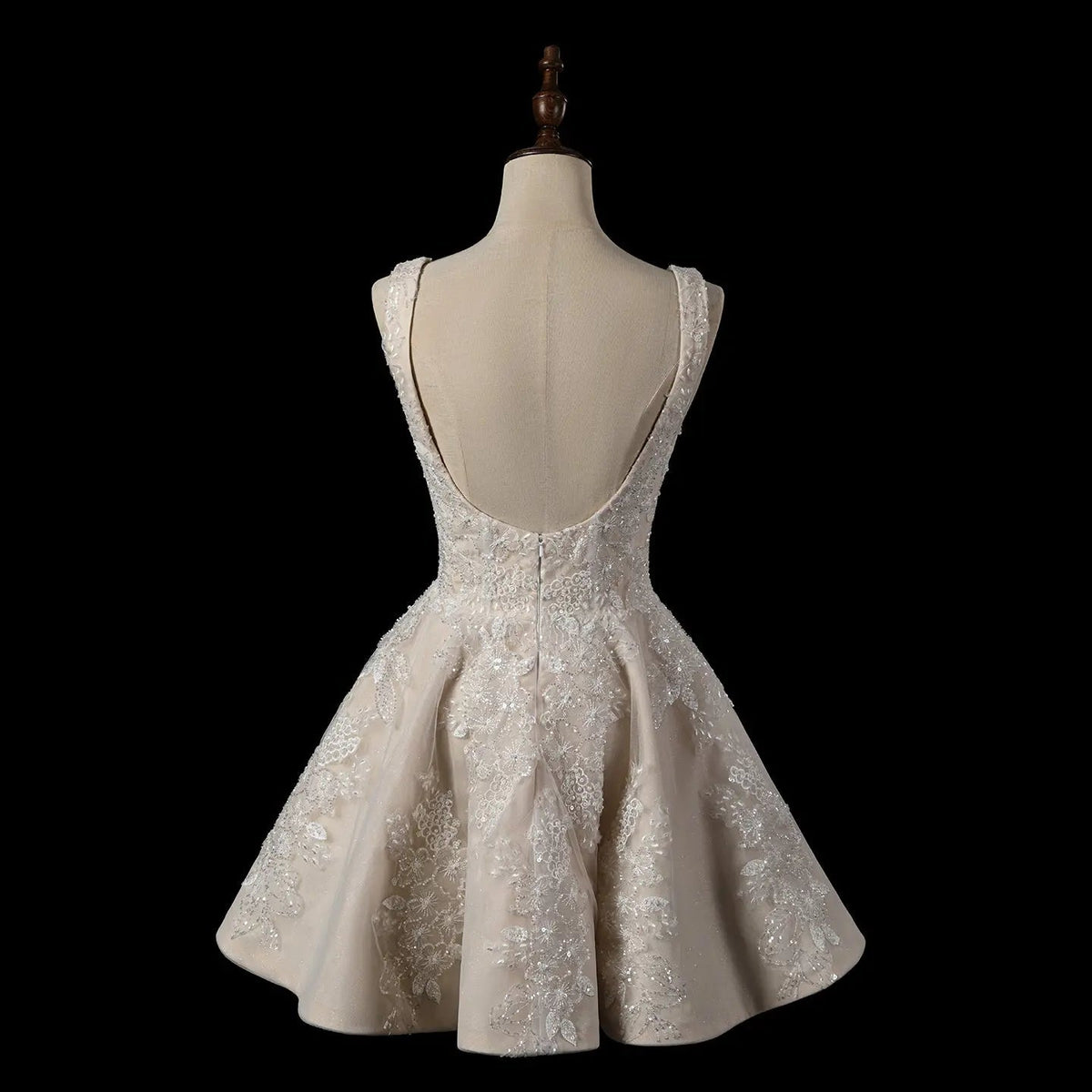 Romantic Champagne Sleeveless A-Line Short Wedding Dress with Deep V Back ZP046