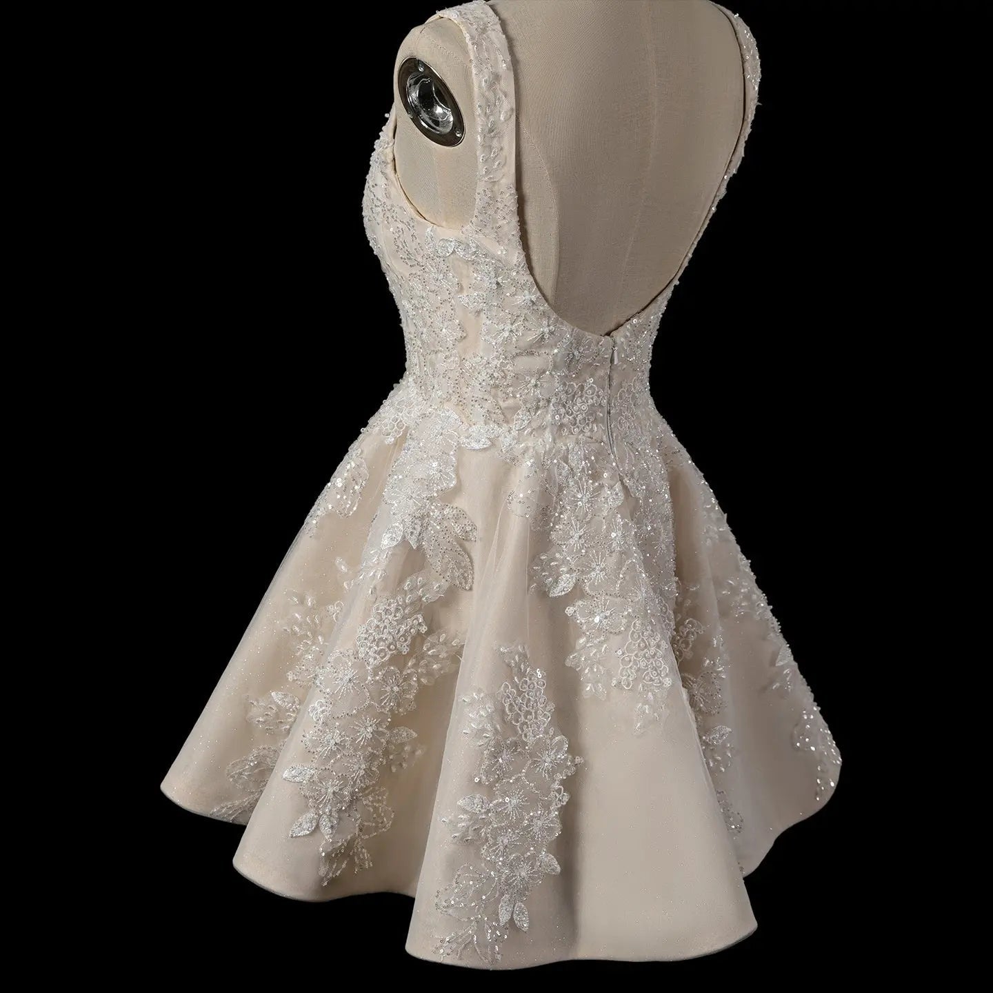Romantic Champagne Sleeveless A-Line Short Wedding Dress with Deep V Back ZP046