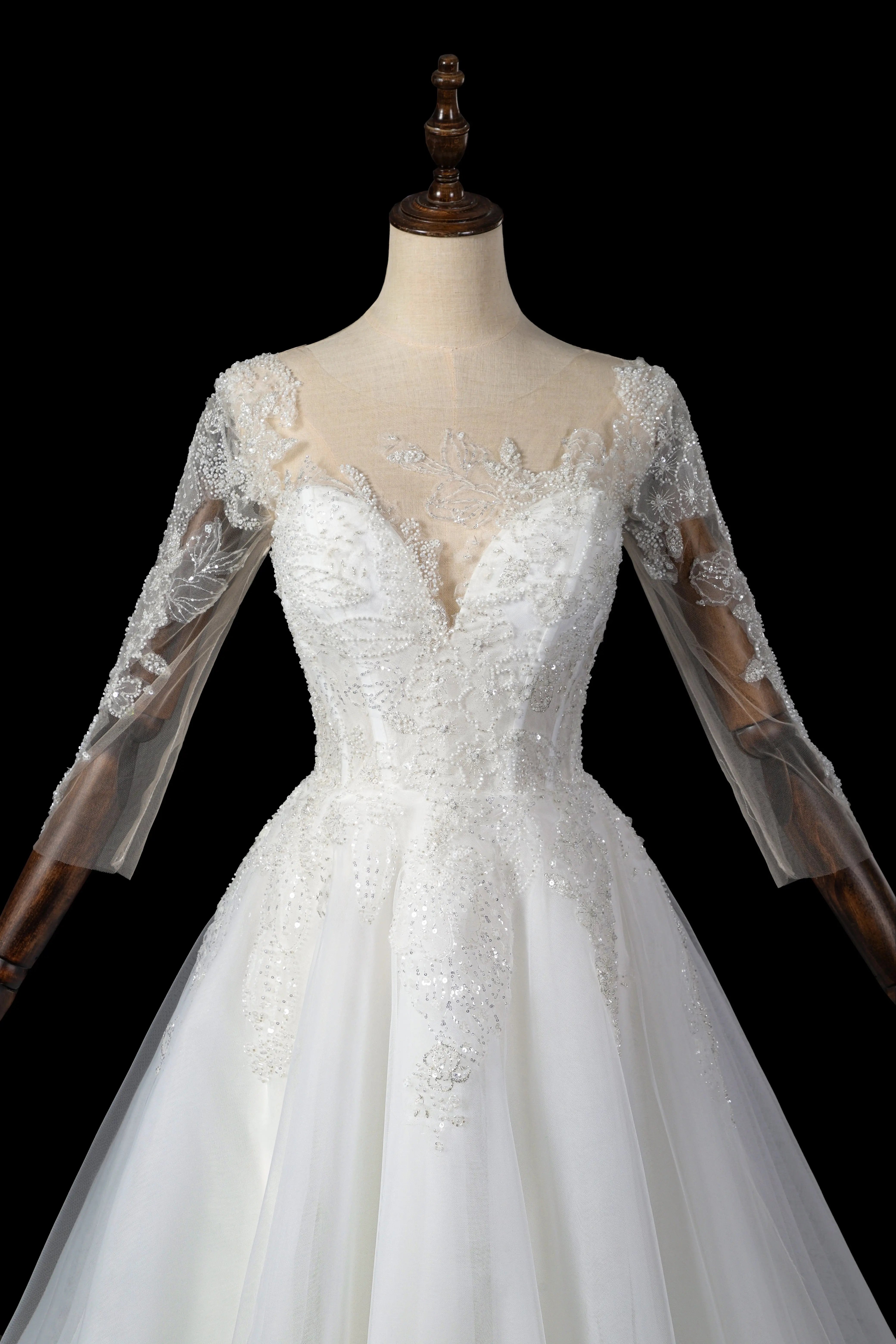 Glamorous White Illusion Neck Lace & Tulle Wedding Dress with Cathedral Train ZP063