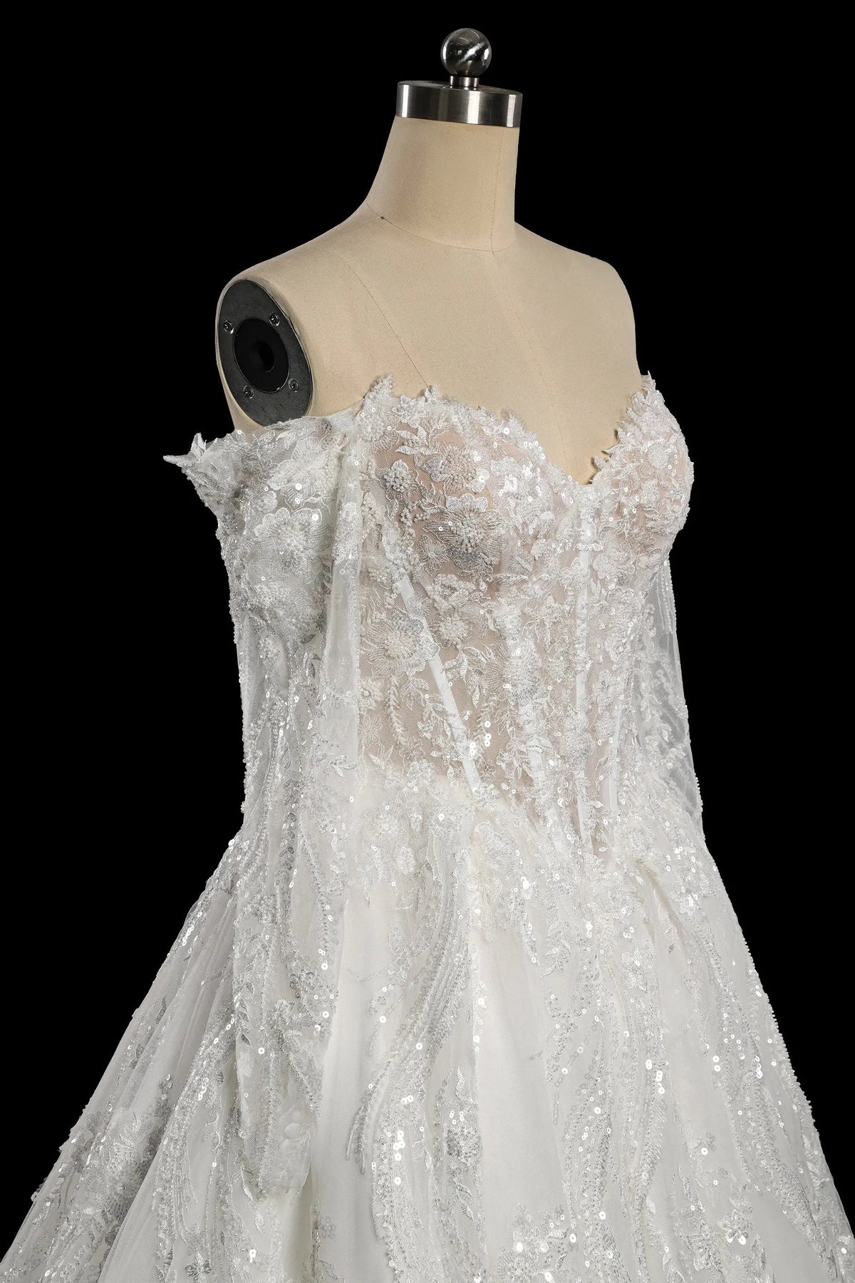 Luxury White Off-the-Shoulder Long Sleeve Lace Tulle Ball Gown Wedding Dress ZP068 - View 6 | VelvetHem