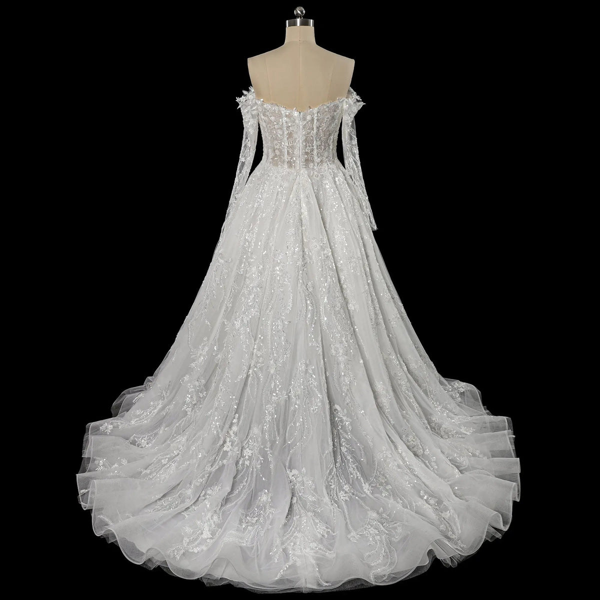 Luxury White Off-the-Shoulder Long Sleeve Lace Tulle Ball Gown Wedding Dress ZP068