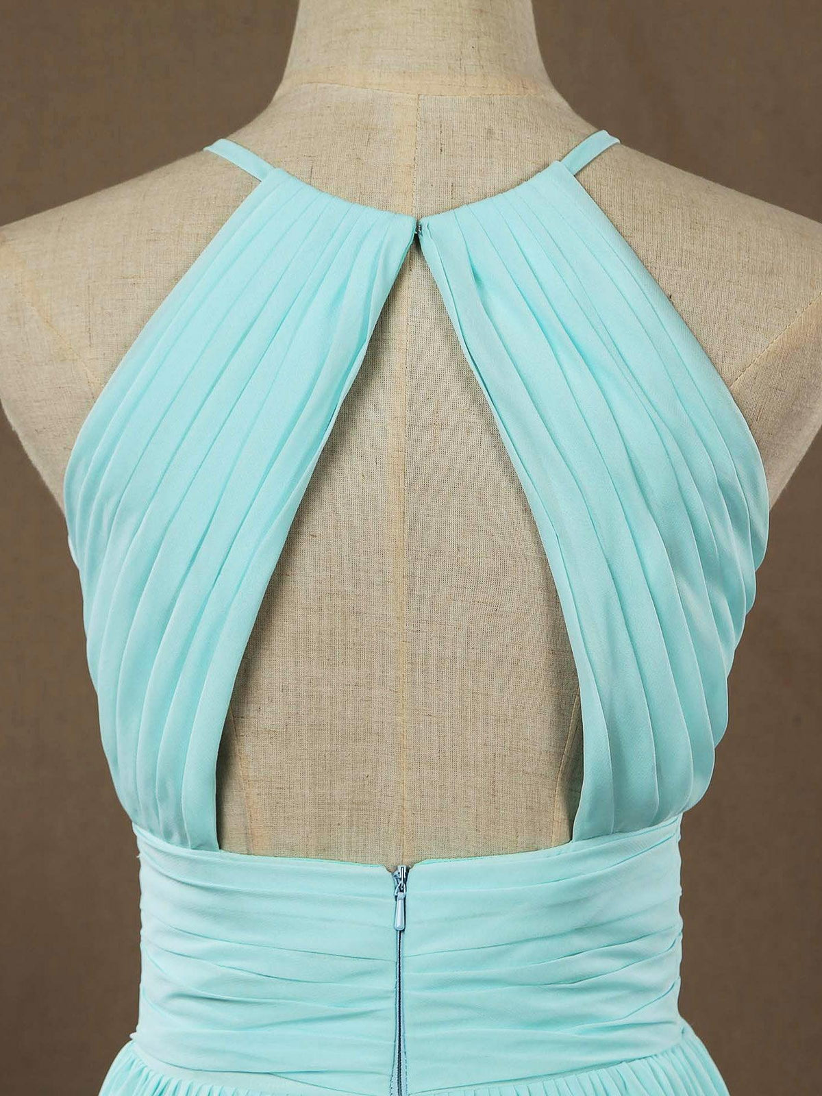 Chiffon Floor Length Prom Dresses A-Line Halter Open Back Pleats - View 7 | VelvetHem