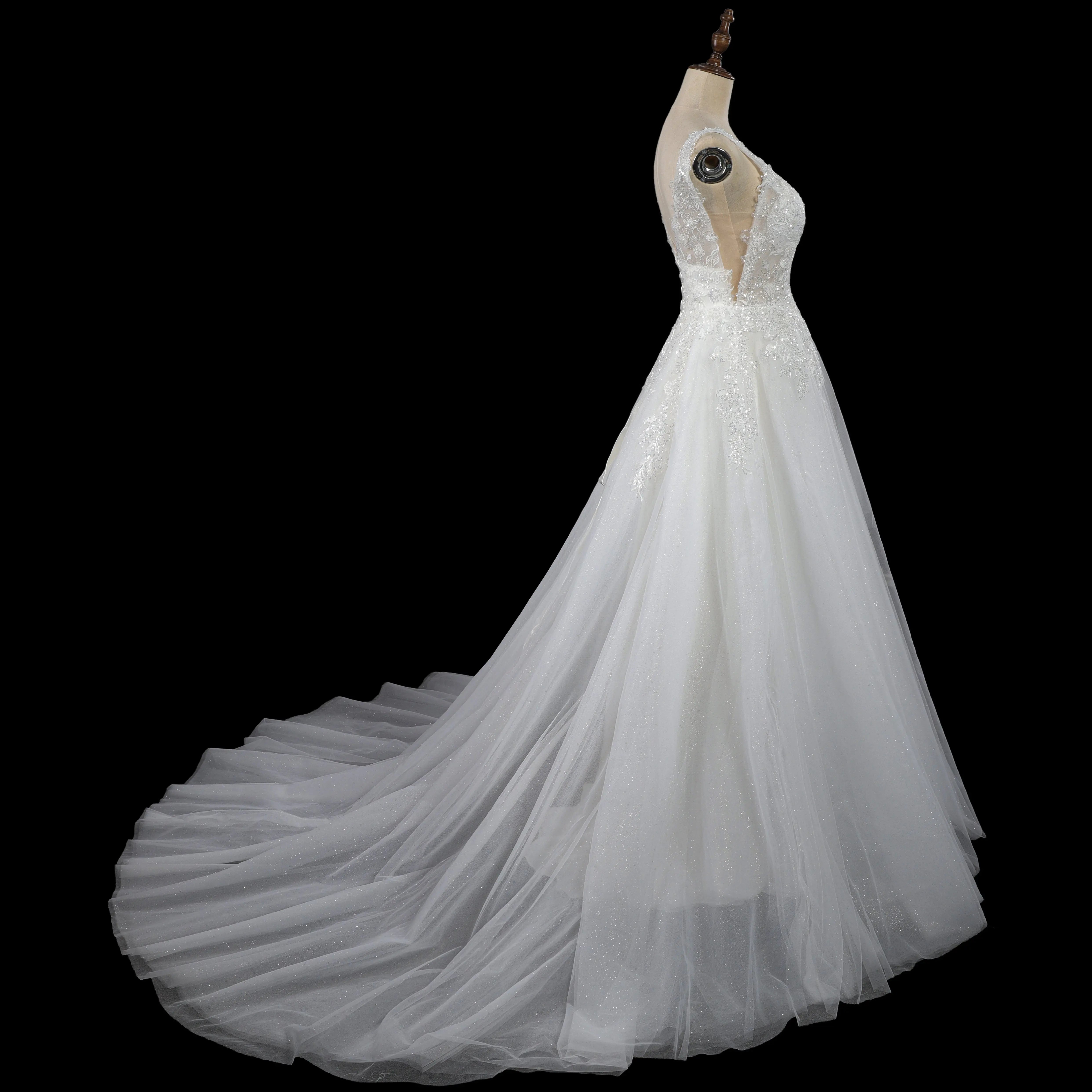 Dreamy White Glitter Tulle Wedding Dress with Lace Bodice and Corset Back ZP054