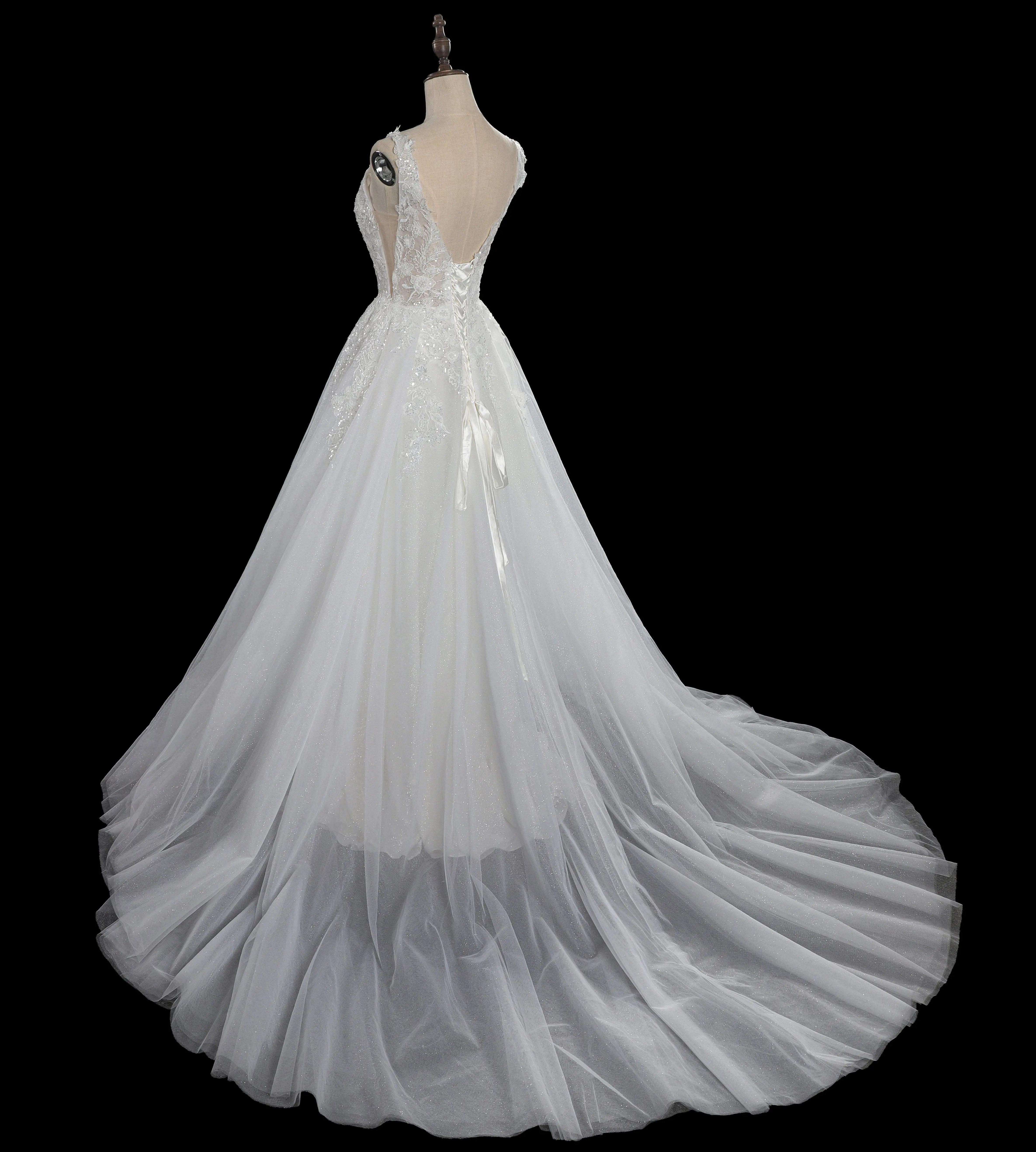 Dreamy White Glitter Tulle Wedding Dress with Lace Bodice and Corset Back ZP054 - View 8 | VelvetHem