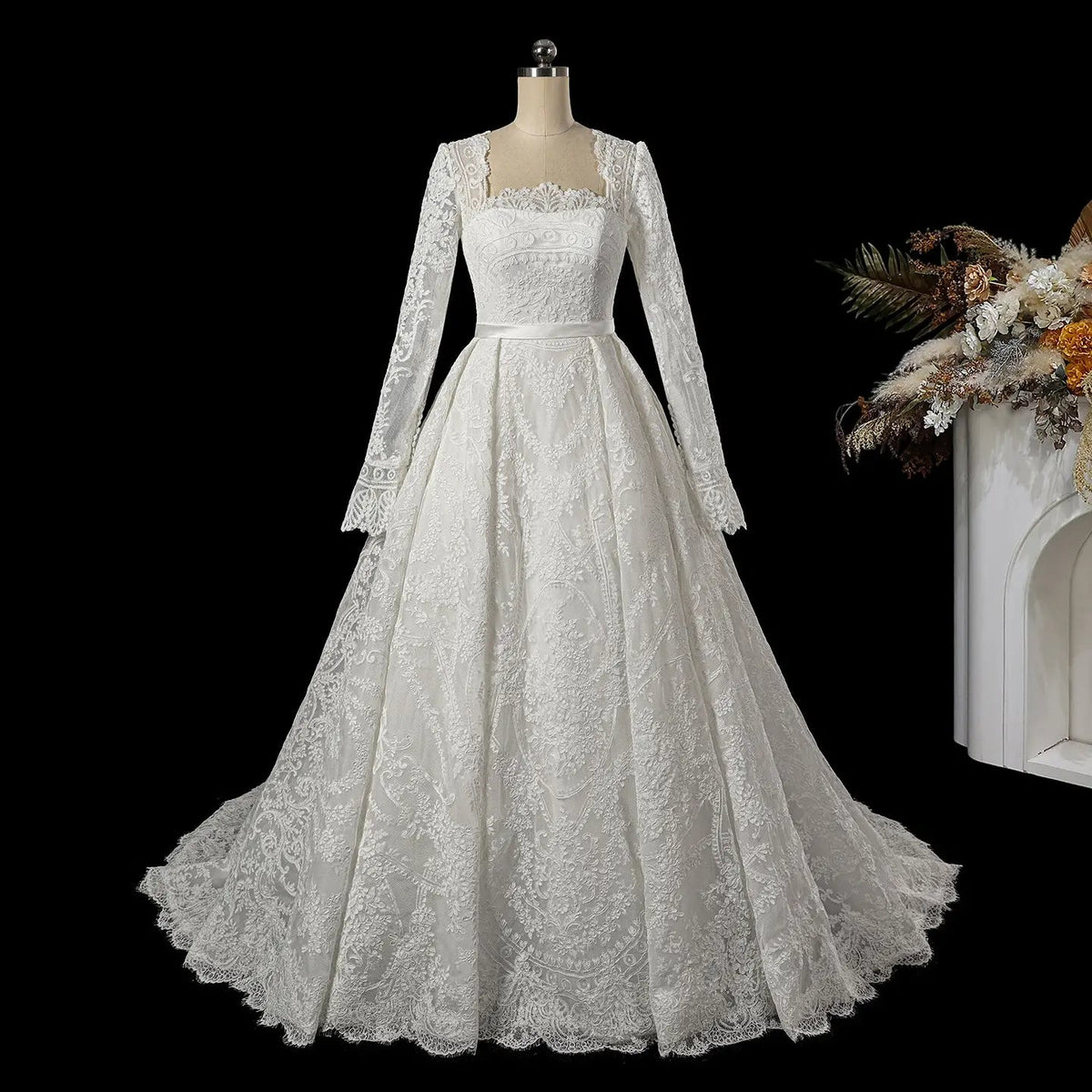 Luxury White Lace Long Sleeve Square Neck Wedding Dress with Veil ZP136
