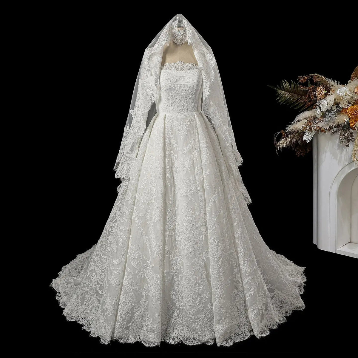 Luxury White Lace Long Sleeve Square Neck Wedding Dress with Veil ZP136 - View 7 | VelvetHem