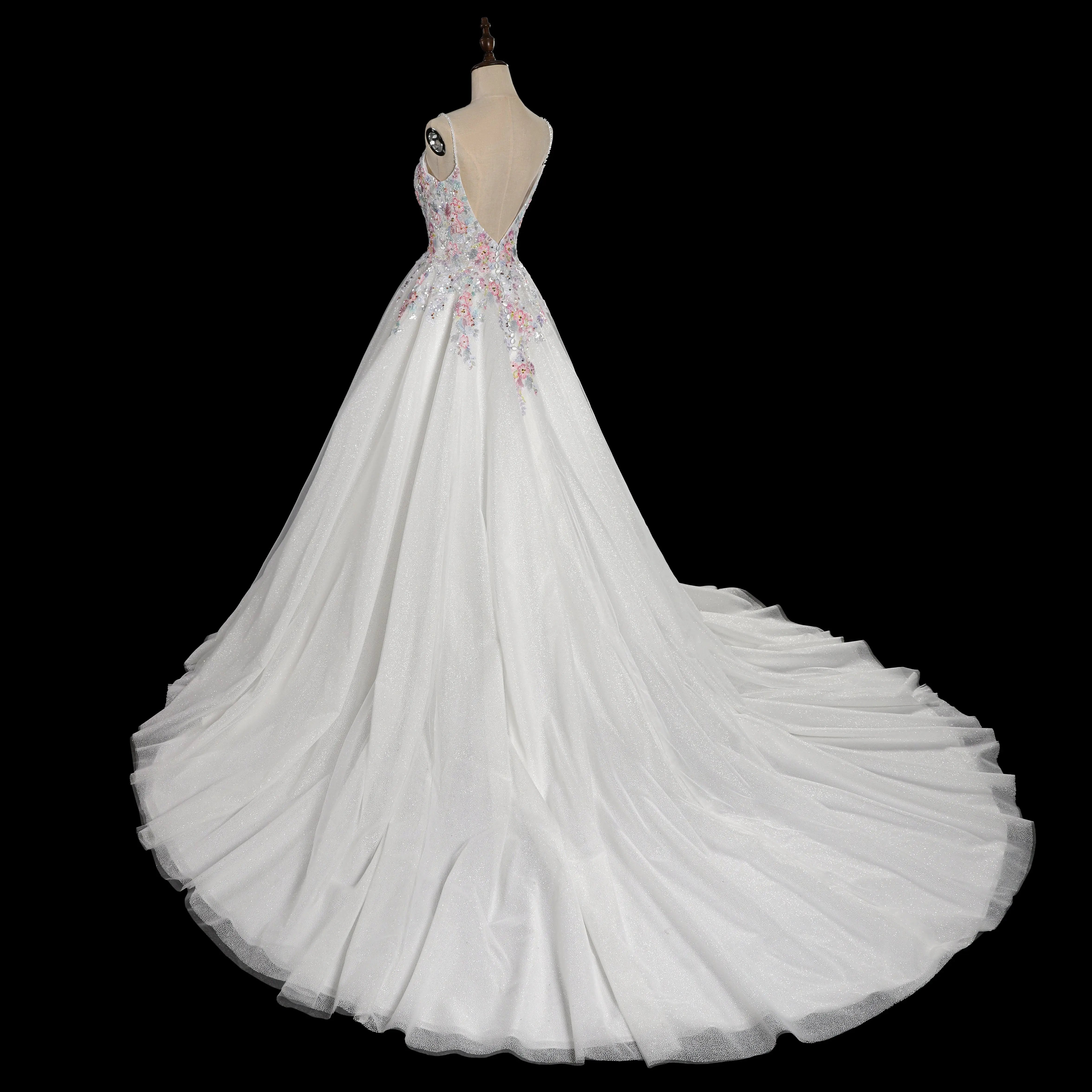 Glamorous White Floral Applique A-Line Tulle Wedding Dress with Train ZP066