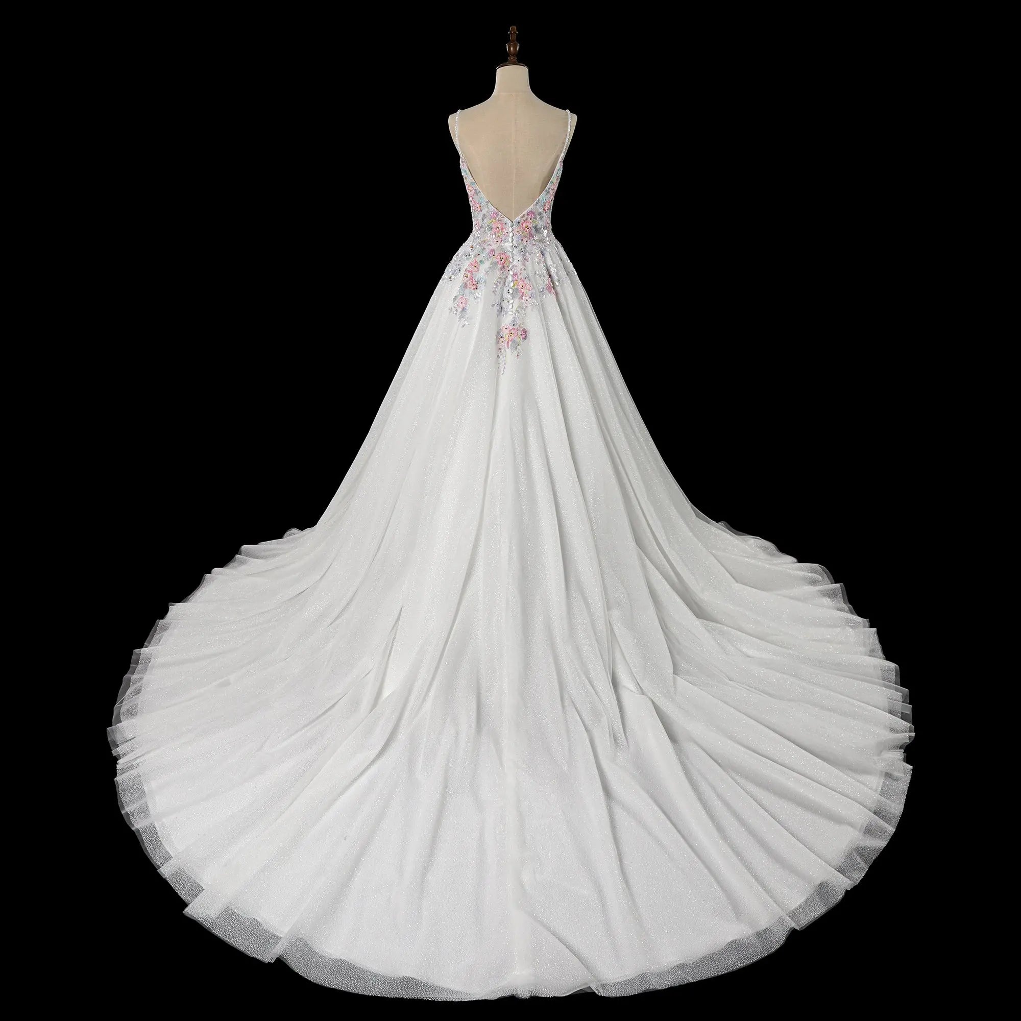 Glamorous White Floral Applique A-Line Tulle Wedding Dress with Train ZP066