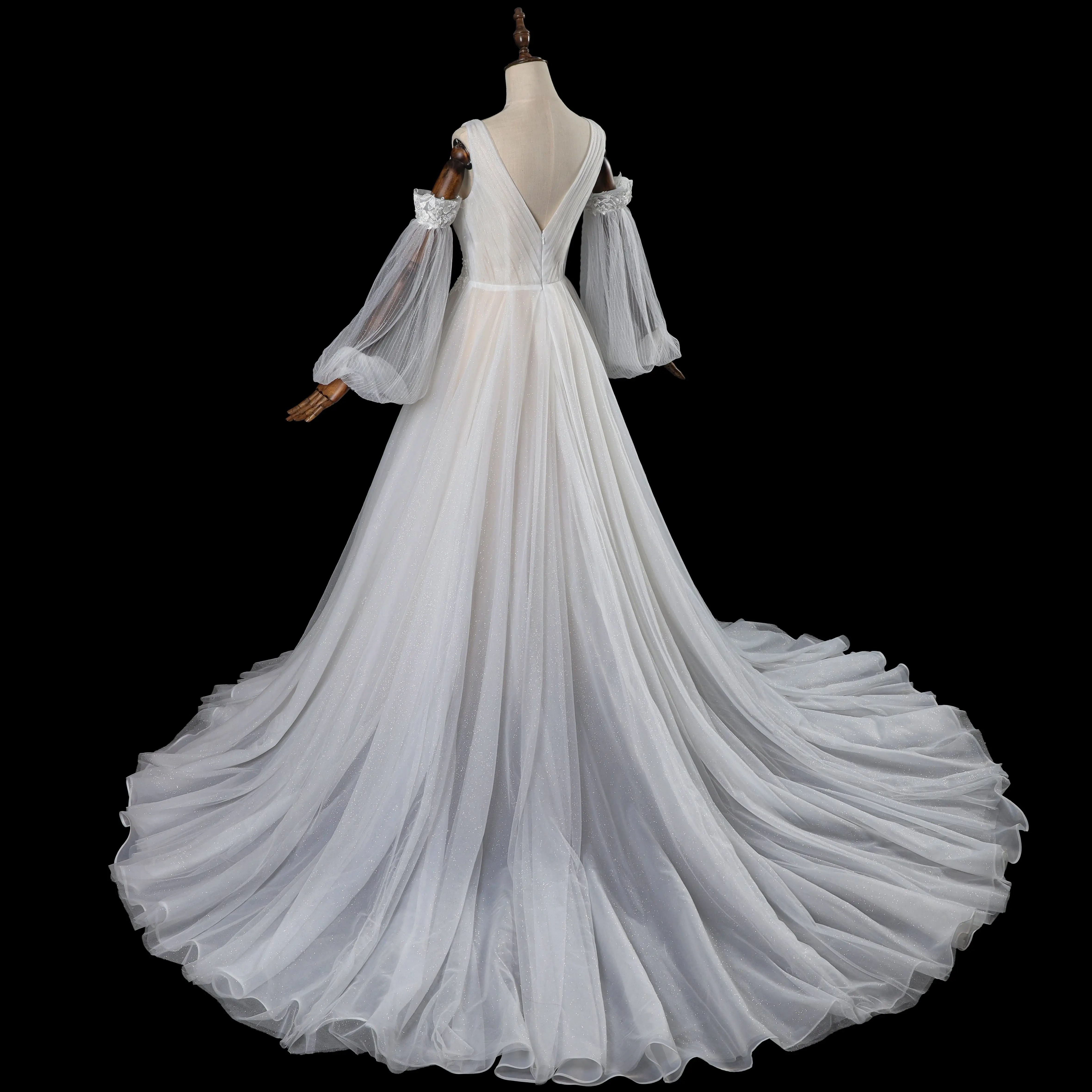 Elegant Ivory V-Neck Detachable Puff Sleeve Lace Tulle Wedding Dress with Train ZP062