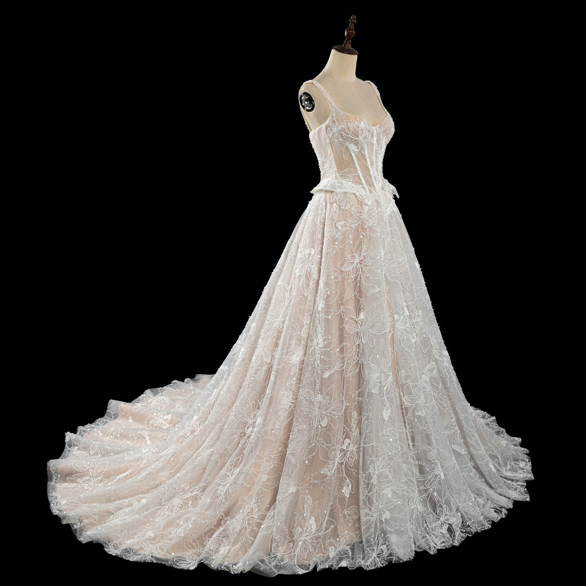 Luxury Ivory Square Neck Corset Lace Tulle A-Line Wedding Dress with Train ZP064