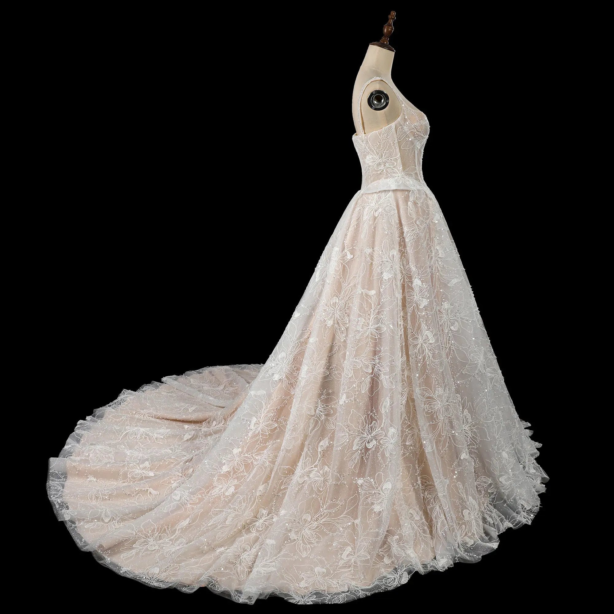 Luxury Ivory Square Neck Corset Lace Tulle A-Line Wedding Dress with Train ZP064