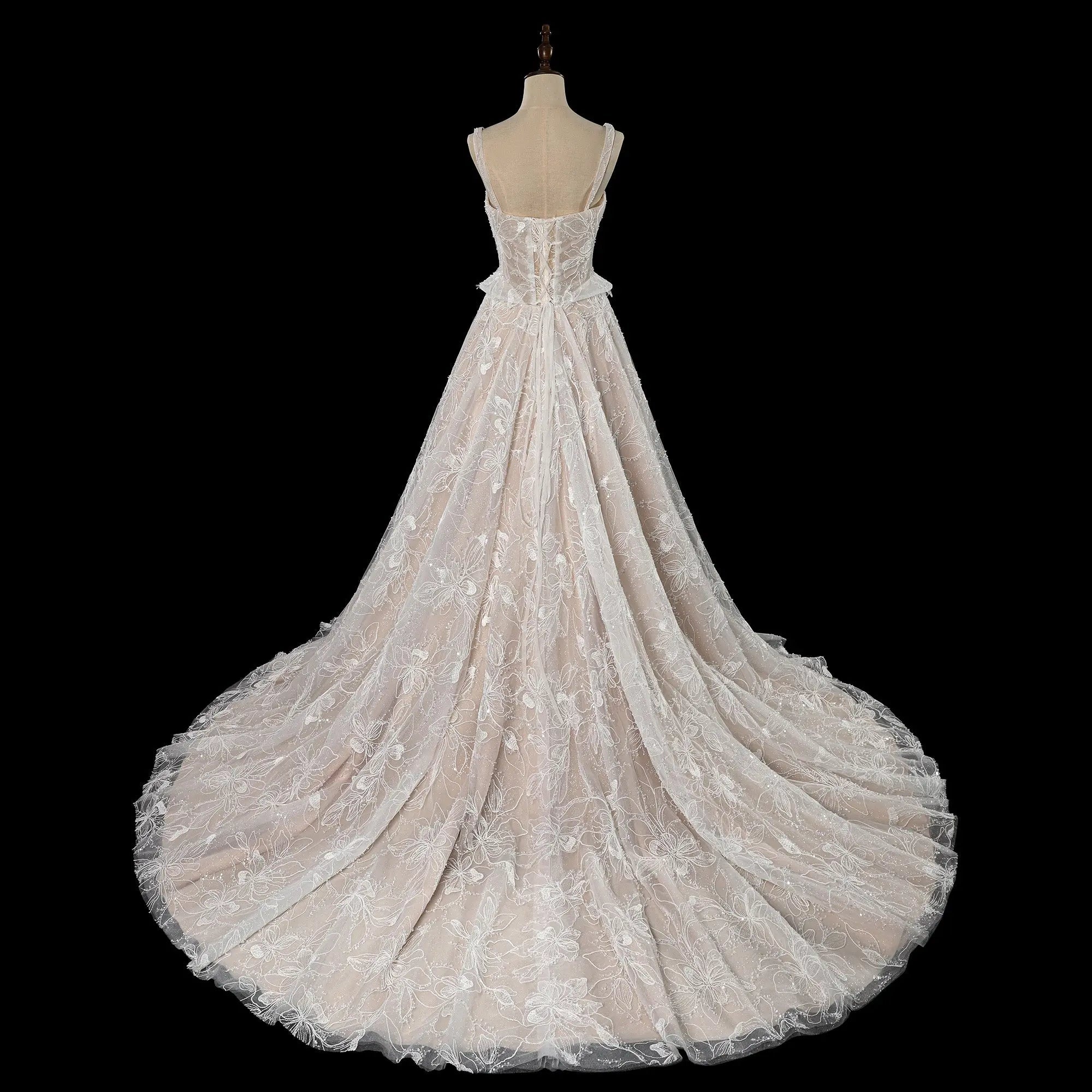 Luxury Ivory Square Neck Corset Lace Tulle A-Line Wedding Dress with Train ZP064
