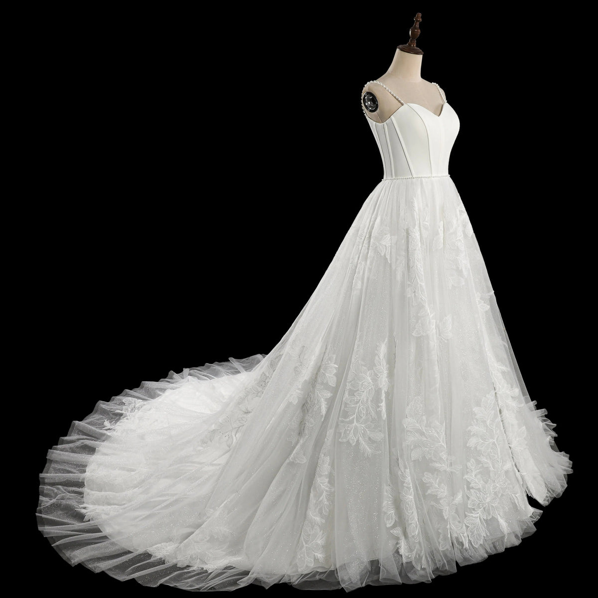 Elegant White Spaghetti Strap Satin Bodice Lace Tulle Wedding Dress with Train ZP065