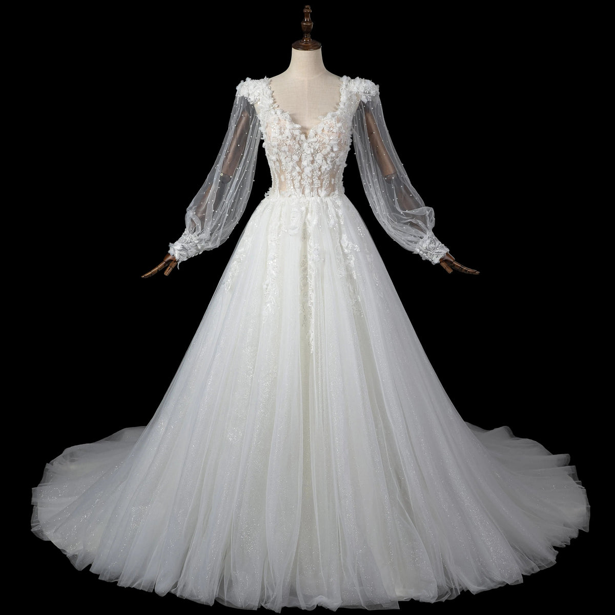 Elegant White V-Neck Long Sleeve Lace-Up Back A-Line Wedding Dress ZP060