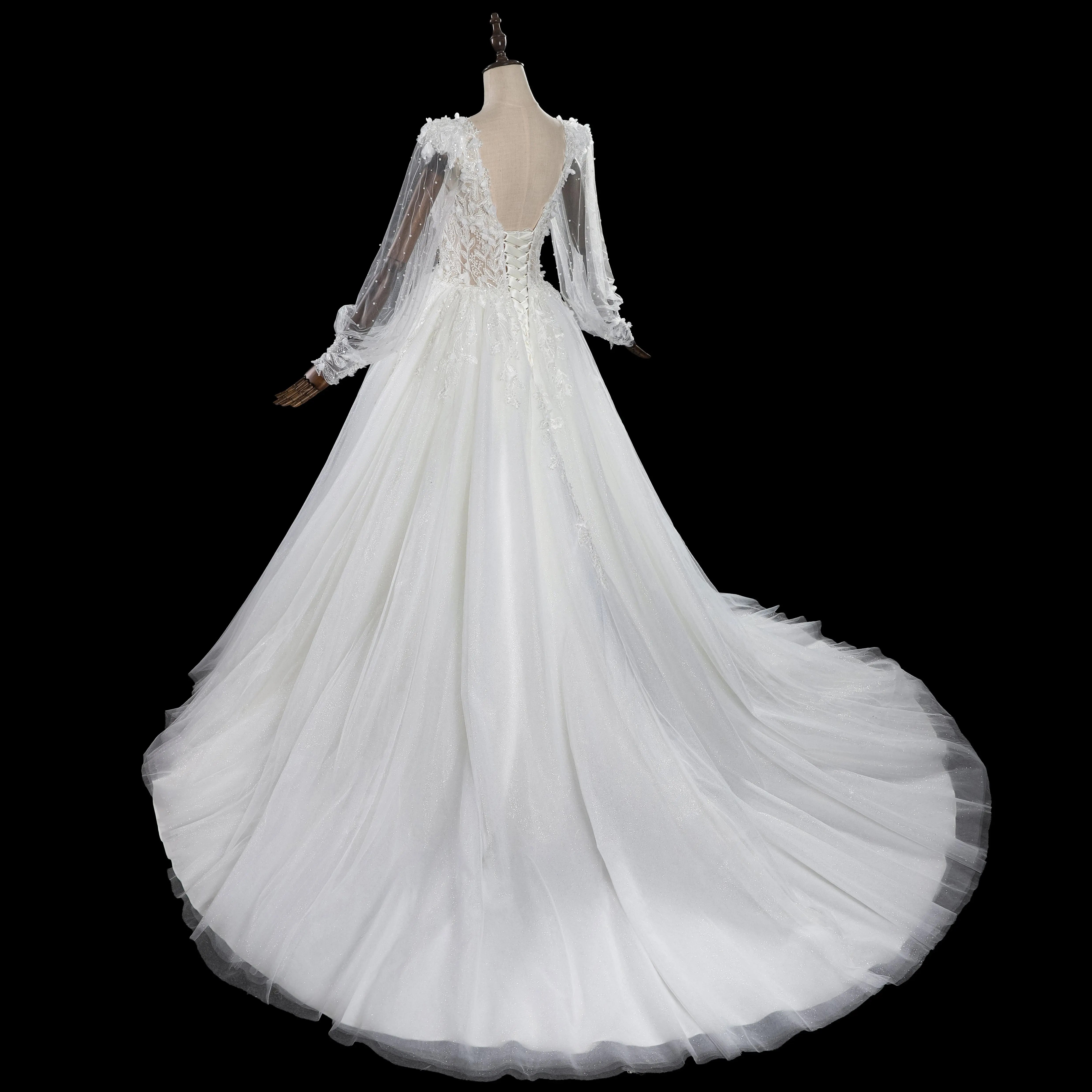 Elegant White V-Neck Long Sleeve Lace-Up Back A-Line Wedding Dress ZP060