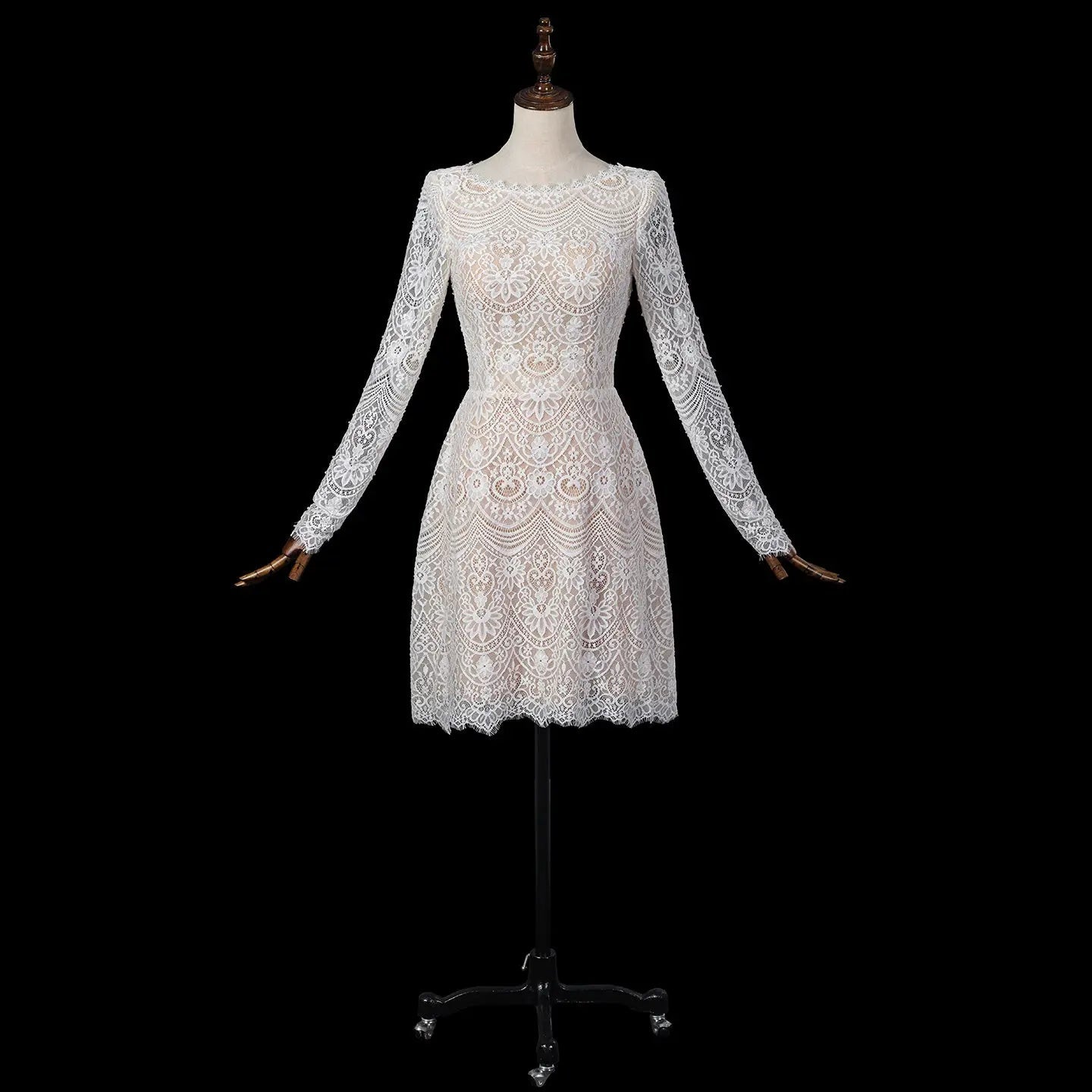 Glamorous White Long Sleeve Lace Wedding Dress with Removable Chiffon Overlay ZP058