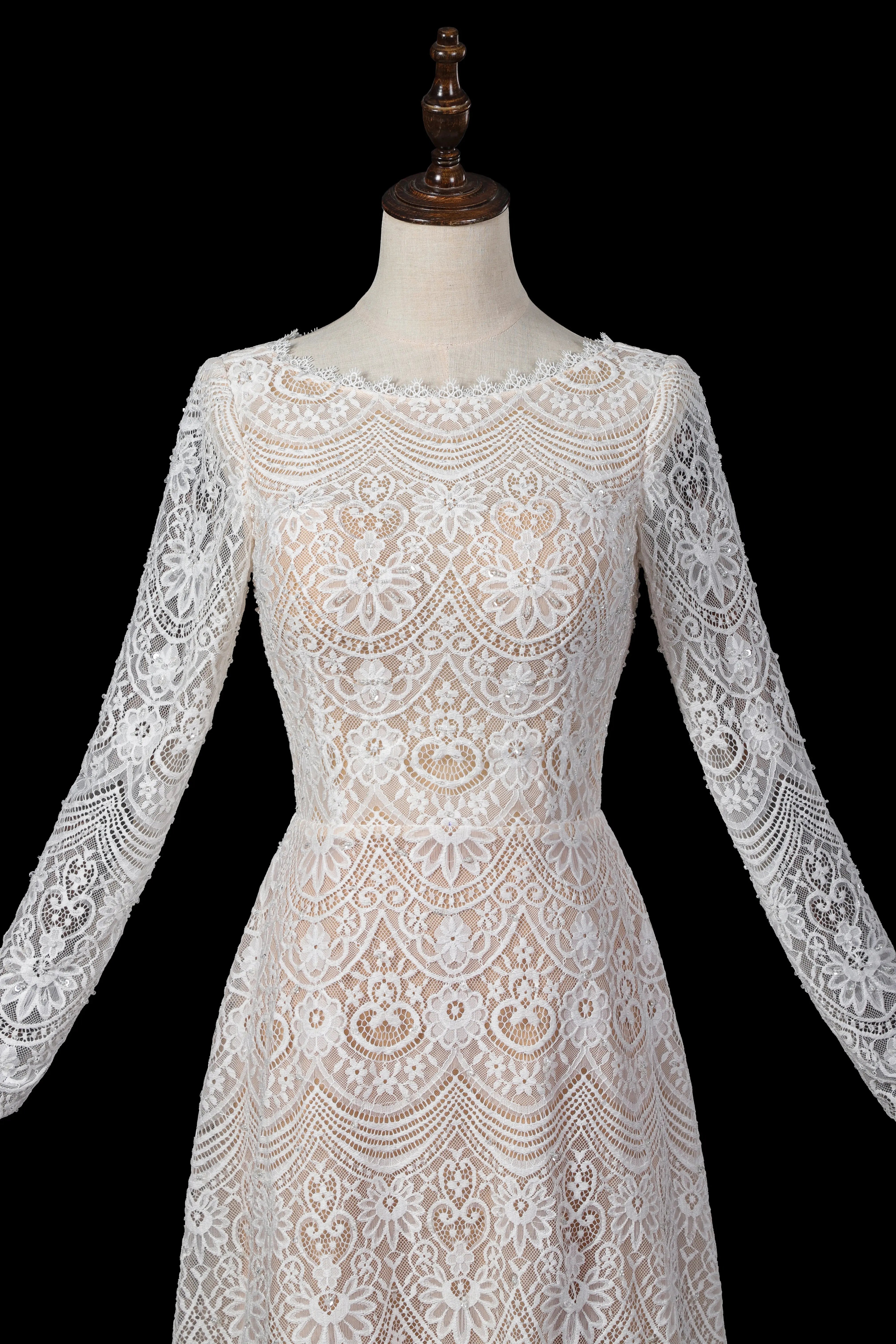 Glamorous White Long Sleeve Lace Wedding Dress with Removable Chiffon Overlay ZP058 - View 5 | VelvetHem