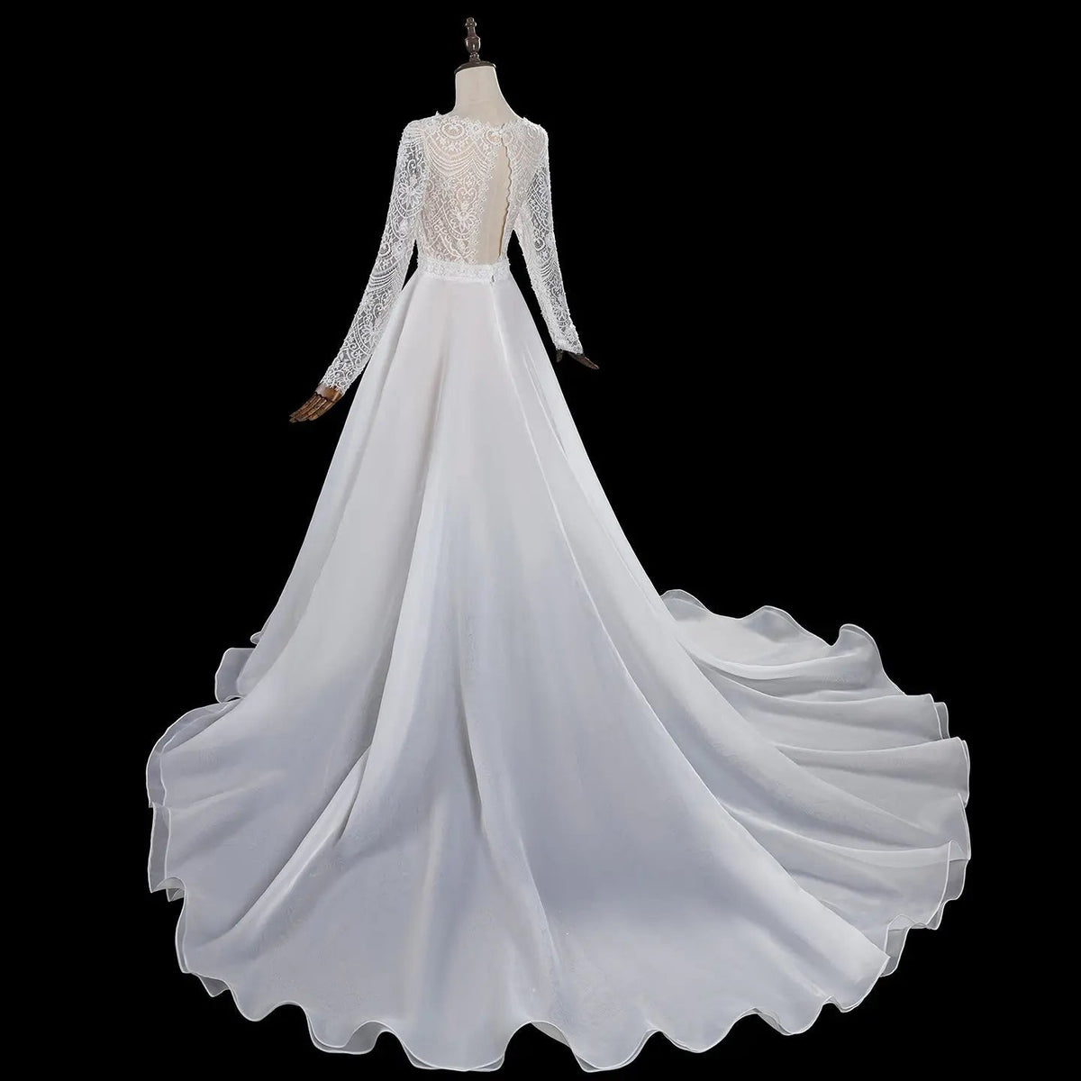 Glamorous White Long Sleeve Lace Wedding Dress with Removable Chiffon Overlay ZP058