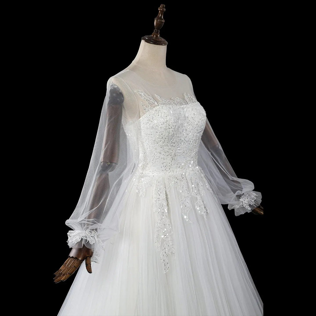 Elegant White Long Sheer Sleeve A-Line Tulle Wedding Dress with Lace Appliqu�s ZP057 - View 5 | VelvetHem