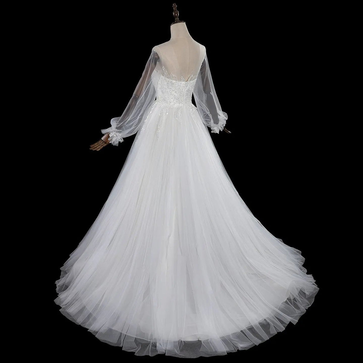 Elegant White Long Sheer Sleeve A-Line Tulle Wedding Dress with Lace Appliqu�s ZP057 - View 7 | VelvetHem