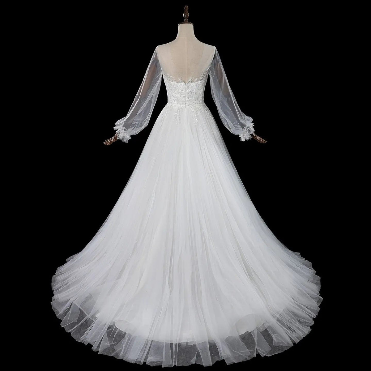 Elegant White Long Sheer Sleeve A-Line Tulle Wedding Dress with Lace Appliqu�s ZP057 - View 8 | VelvetHem