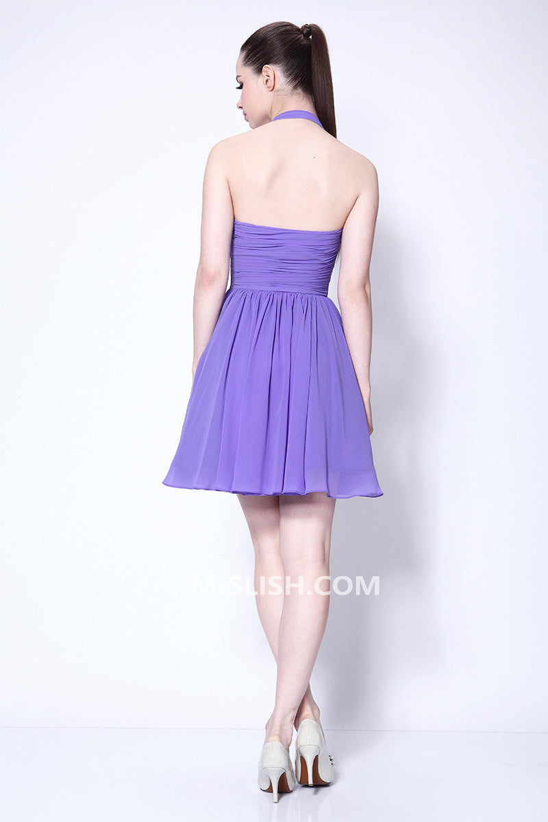 Purple Halter Shirred Backless Short Dress Homecoming Dress - Fashionpara